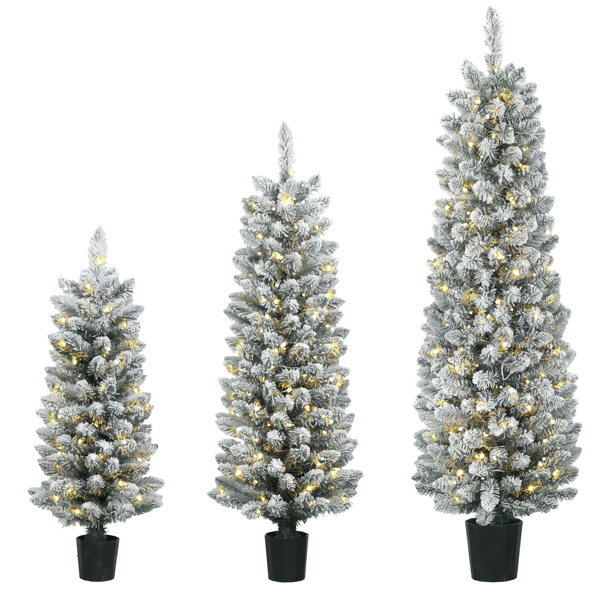 Dirbtinių kalėdinių eglučių rinkinys su LED apšvietimu ir apsnigtomis šakomis, žalios ir baltos, 90/120/150 cm, 3 vnt.