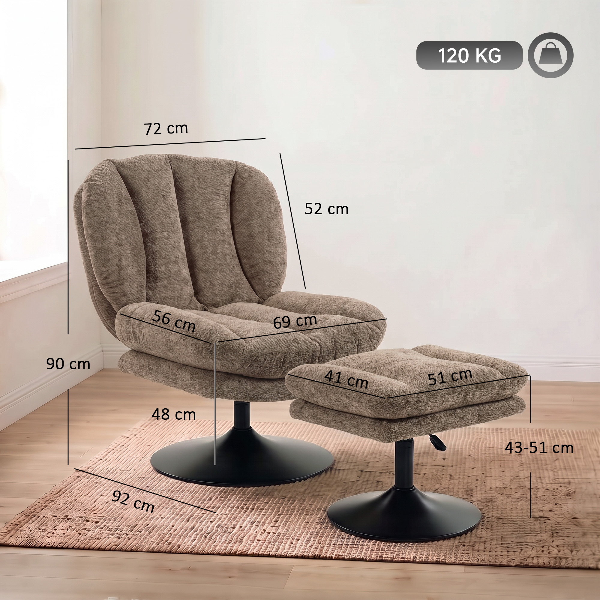 Fotelis su reguliuojamo aukščio pakoju, 360° besisukantis, rudas, 72 × 92 × 90 cm 2