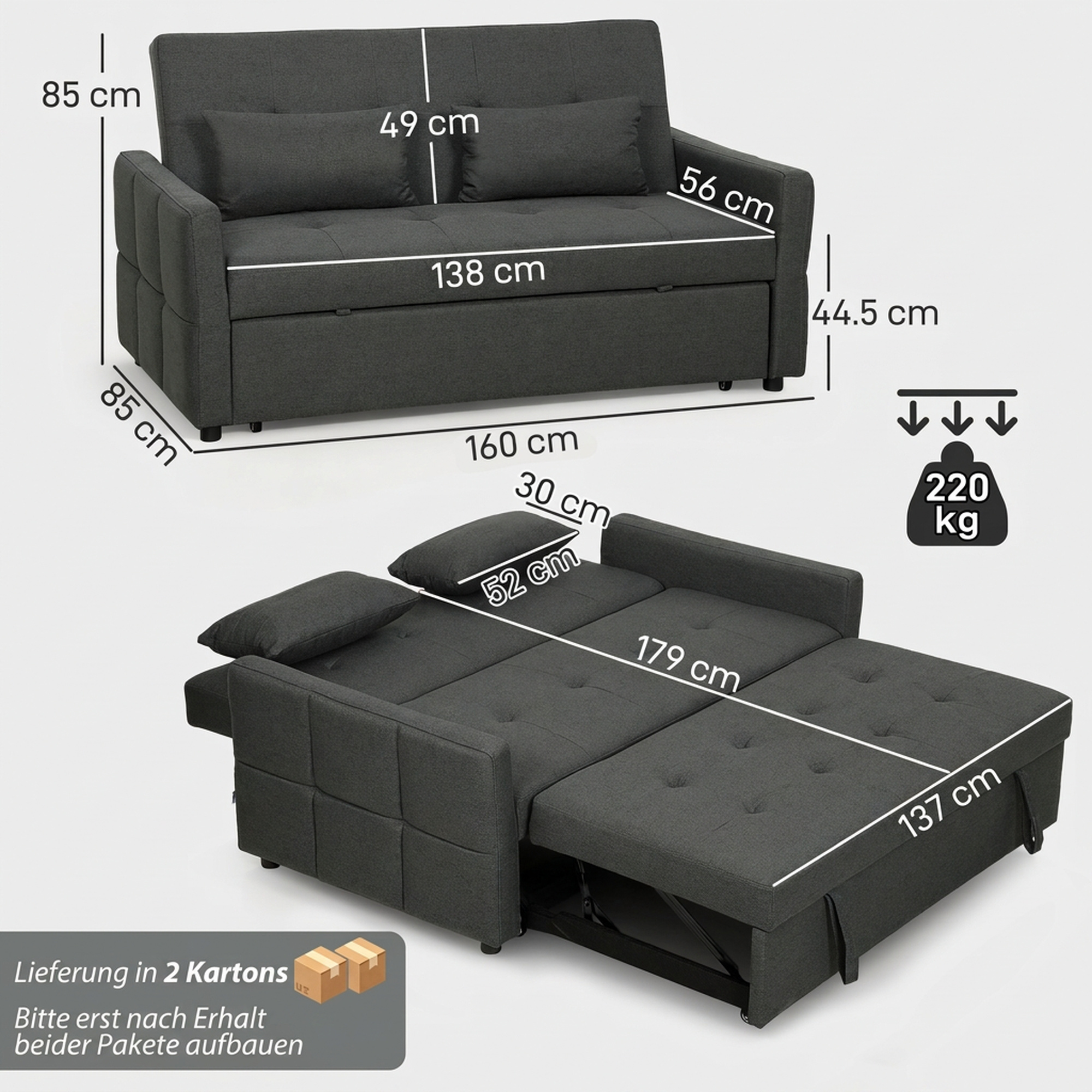 Sofa-lova su ištraukiamu mechanizmu ir reguliuojamu atlošu, tamsiai pilka, 160 x 85 x 85 cm 2