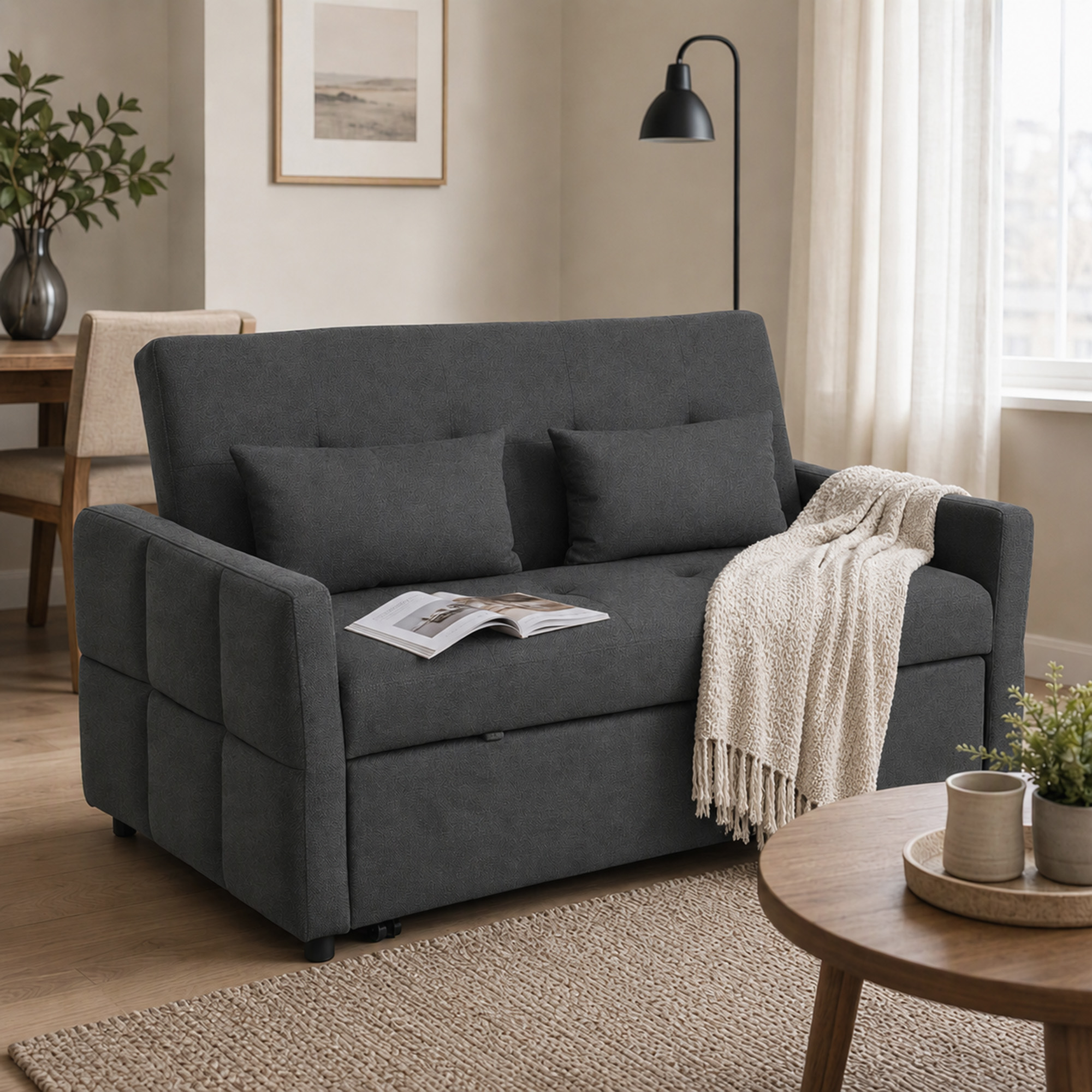 Sofa-lova su ištraukiamu mechanizmu ir reguliuojamu atlošu, tamsiai pilka, 160 x 85 x 85 cm