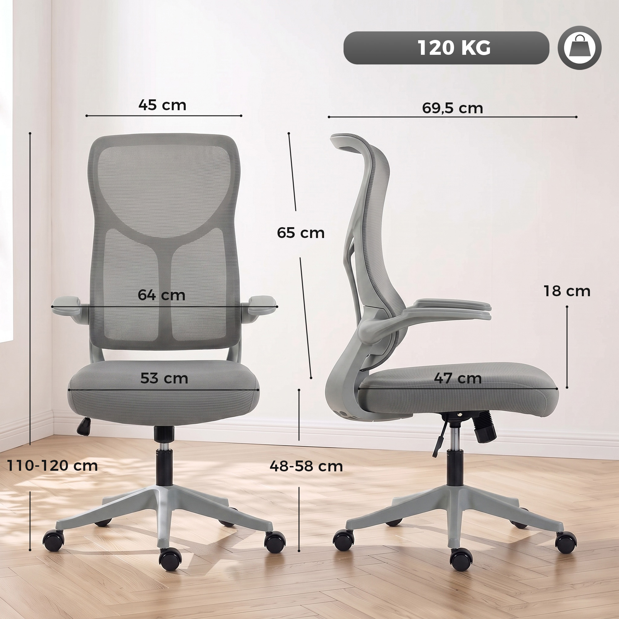 Biuro kėdė su atlenkiamais porankiais ir tinkliniu atlošu, pilka, 64 × 69,5 × 110–120 cm 2