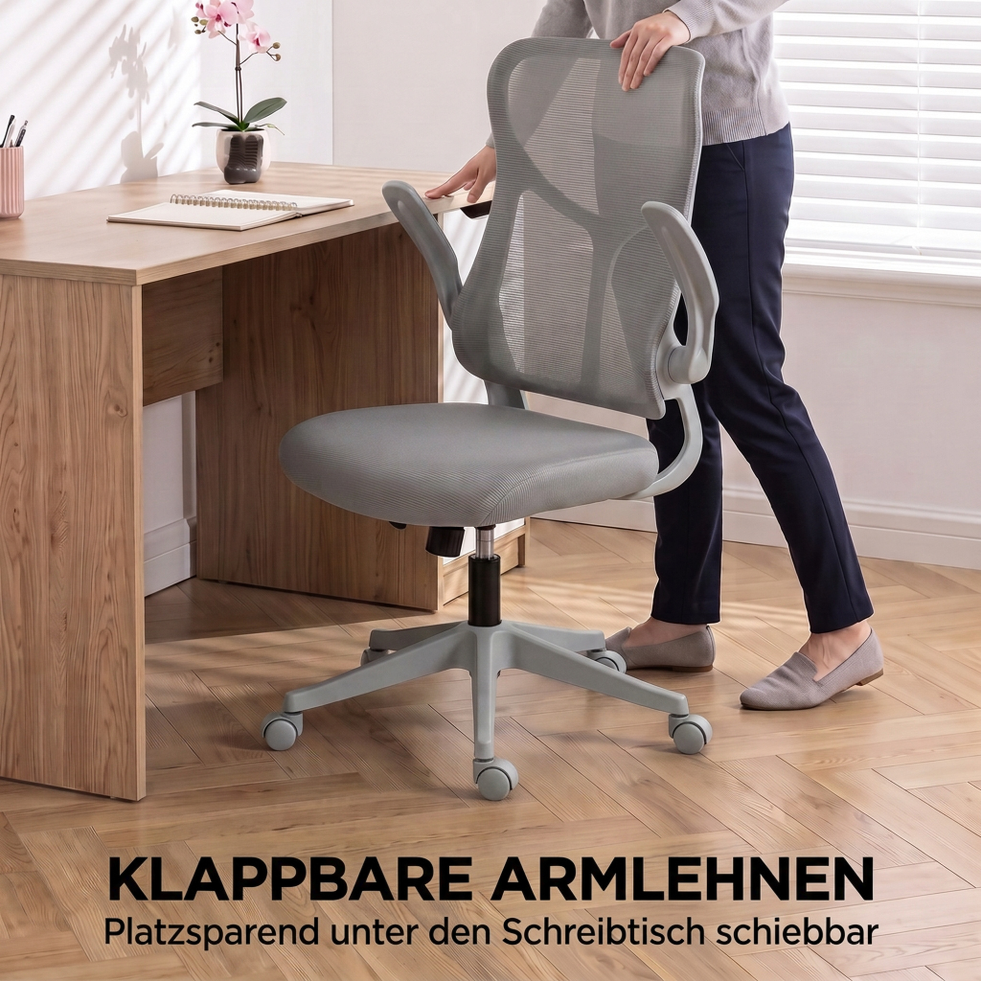 Biuro kėdė su atlenkiamais porankiais ir tinkliniu atlošu, pilka, 64 × 69,5 × 110–120 cm 3