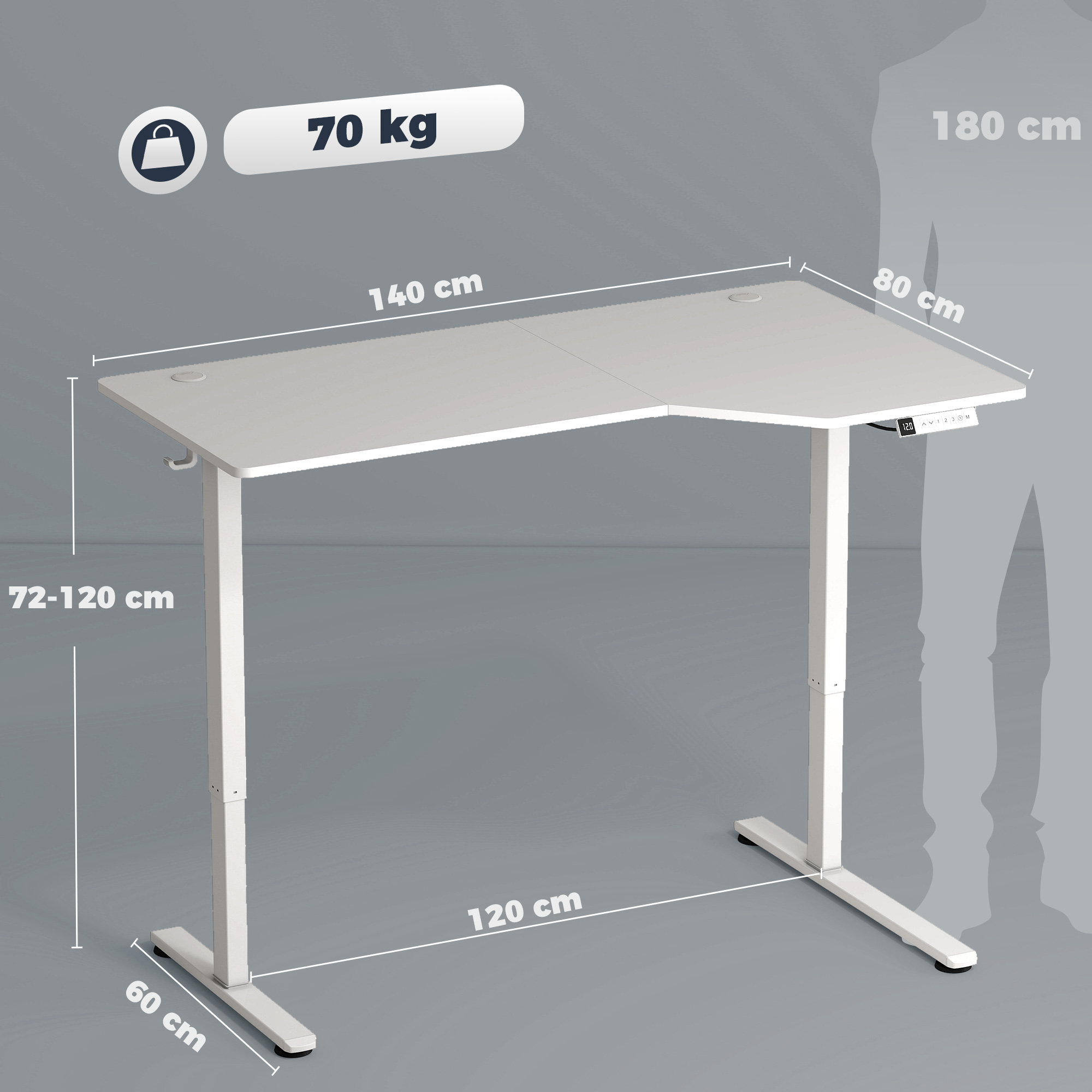 Elektrisks stūra rakstāmgalds ar 3 atmiņas pozīcijām, 140 x 80 x 72–120 cm 2