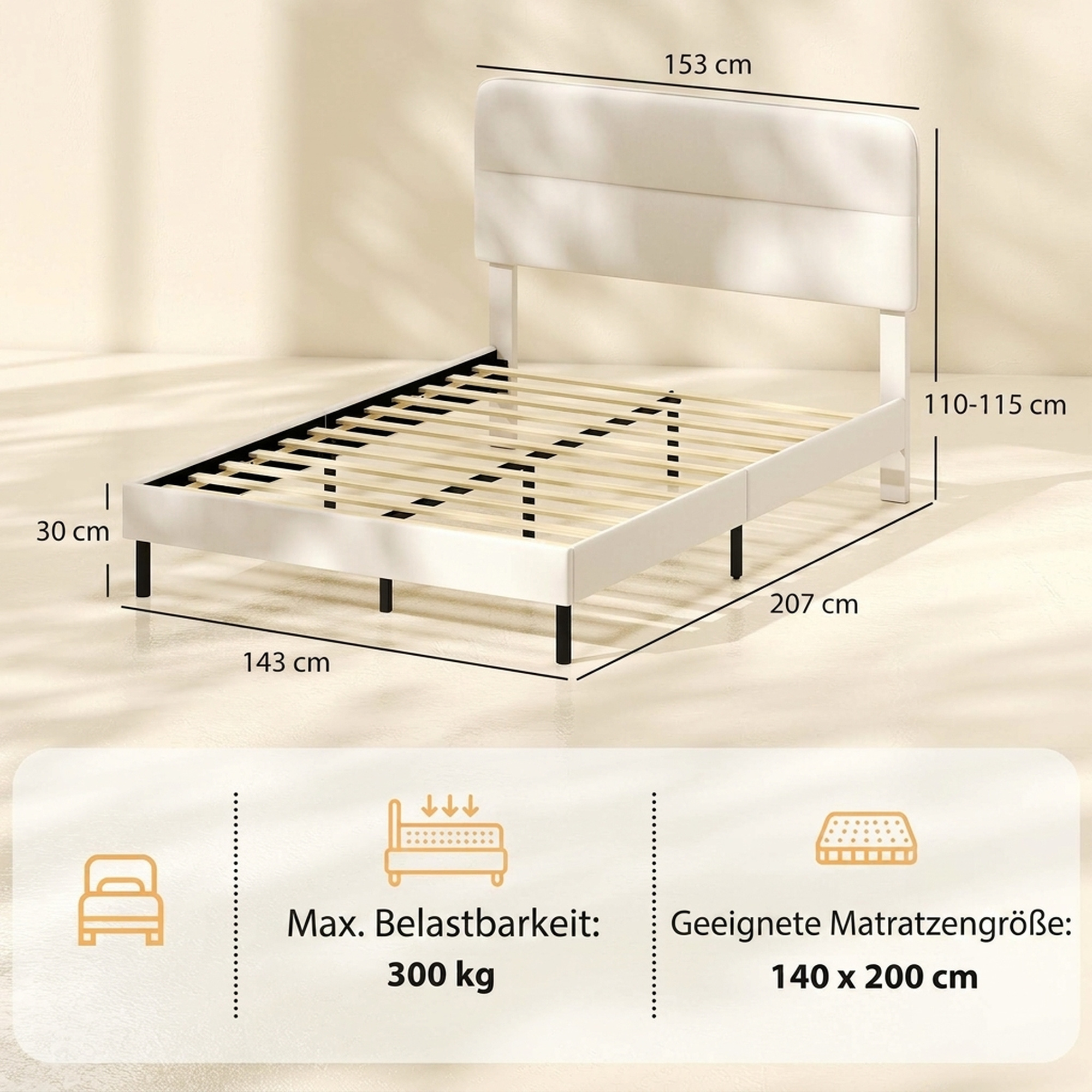 Lovos rėmas su reguliuojamu galvūgaliu ir 12 faneros lentjuosčių, smėlinis, 140 × 200 cm 2