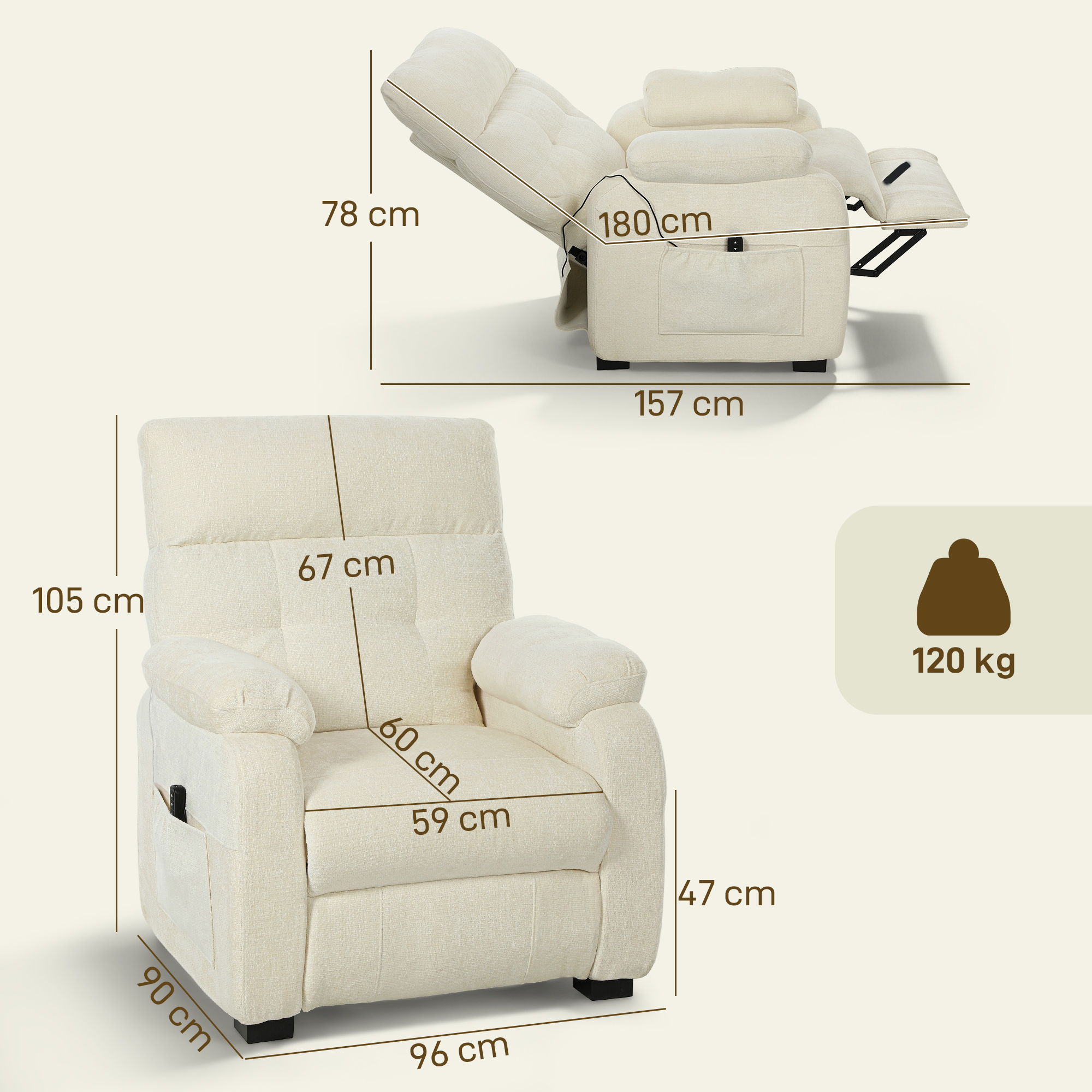 Elektrinis poilsio fotelis su bešepetėliu varikliu ir 2 atminties padėtimis, baltas / juodas, 96 × 90 × 105 cm 2