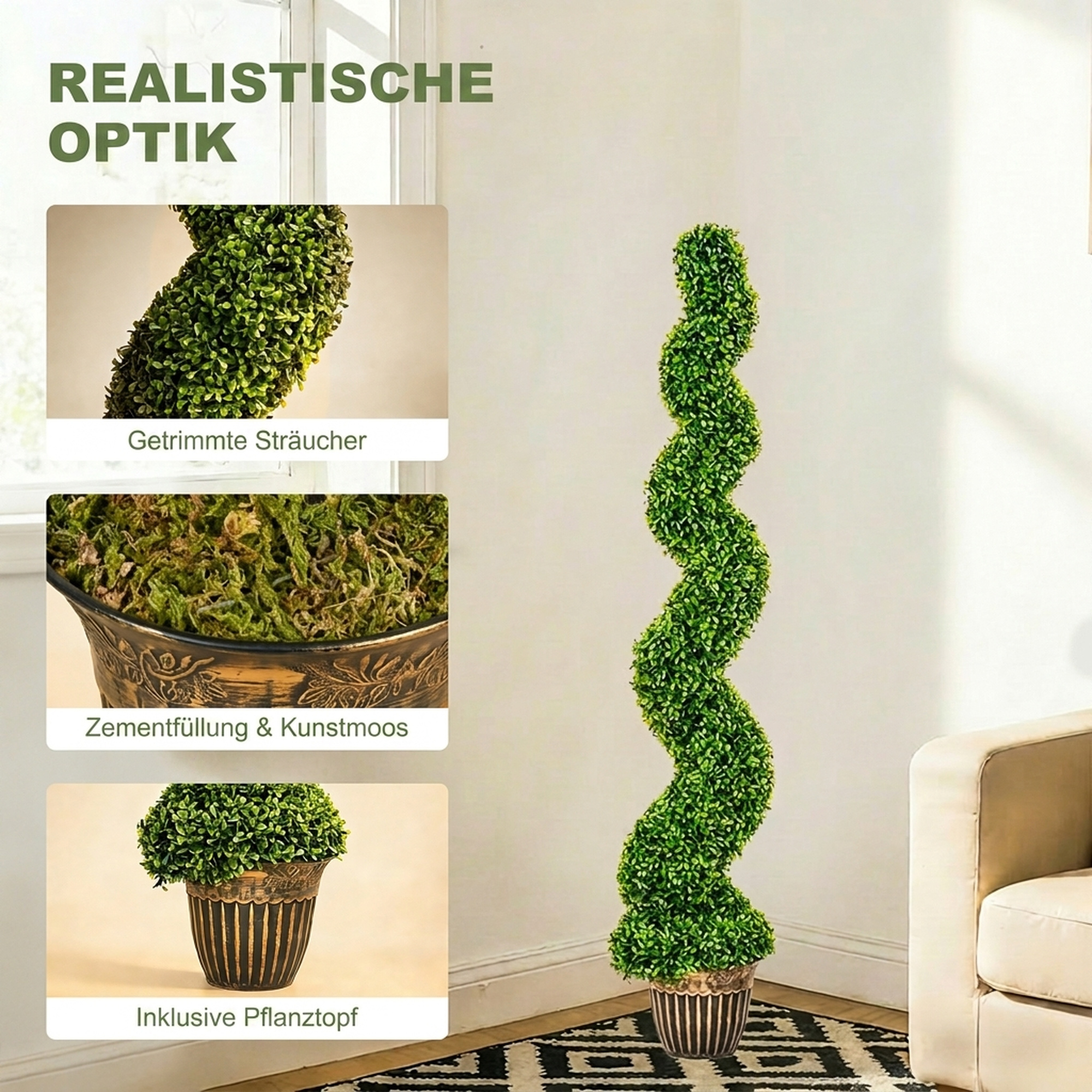 Dirbtinis spiralinės formos buksmedis su vazonu, žalias, 150 cm, 2 vnt. 3