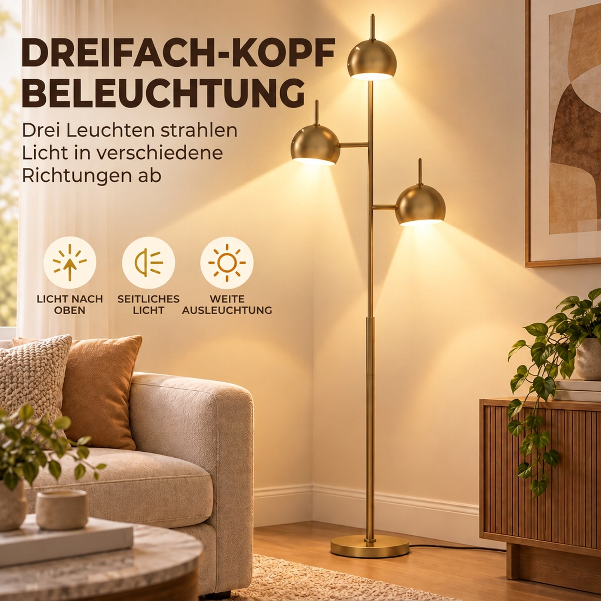 Stāvlampa ar 3 G9 ligzdām, zelta krāsā, 23 × 23 × 165 cm 3