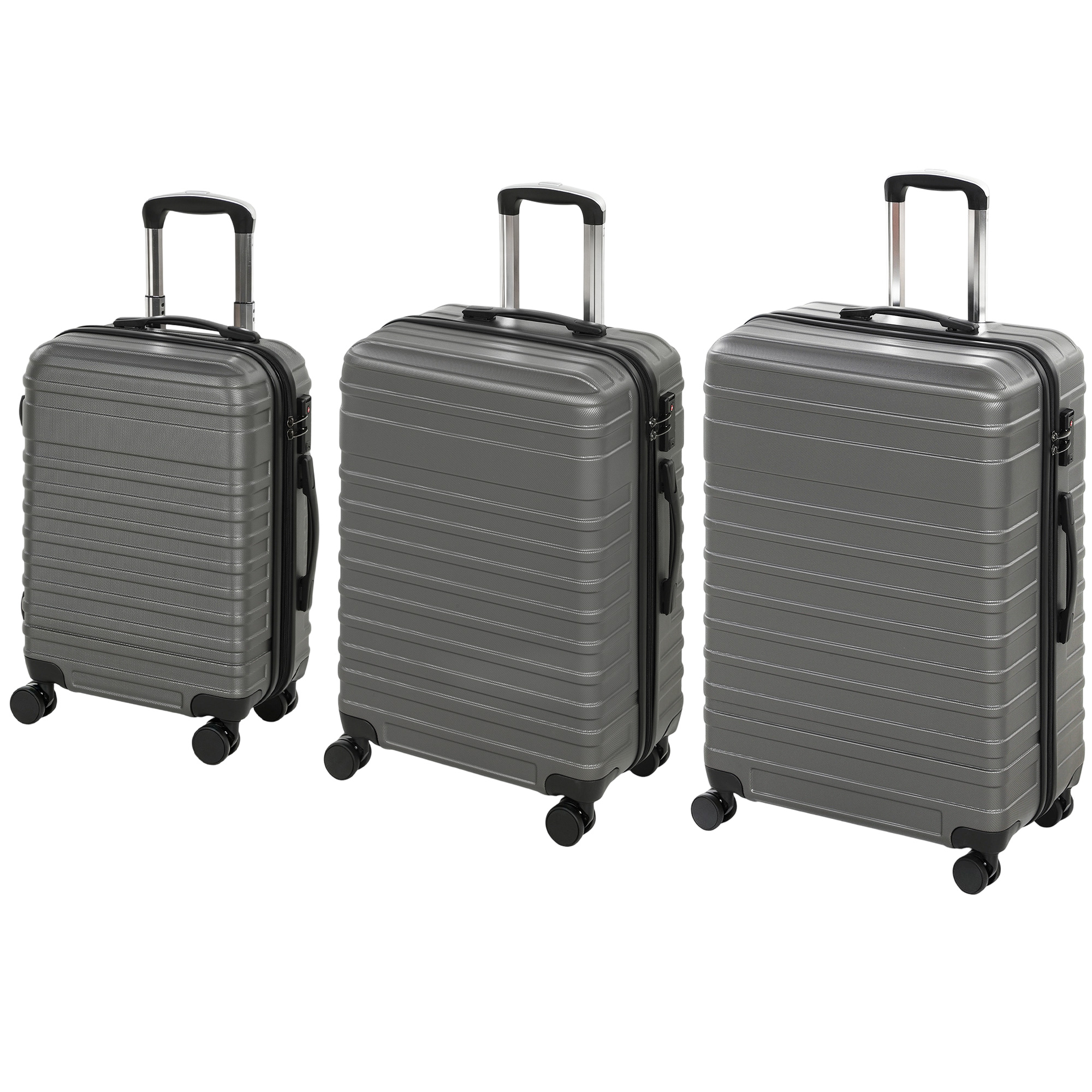 Koferu komplekts ar TSA slēdzi un dubultajiem 360° riteņiem, tumši pelēks, 49 × 35 × 23 / 60 × 42 × 26 / 69 × 49 × 29 cm, 3 gab.