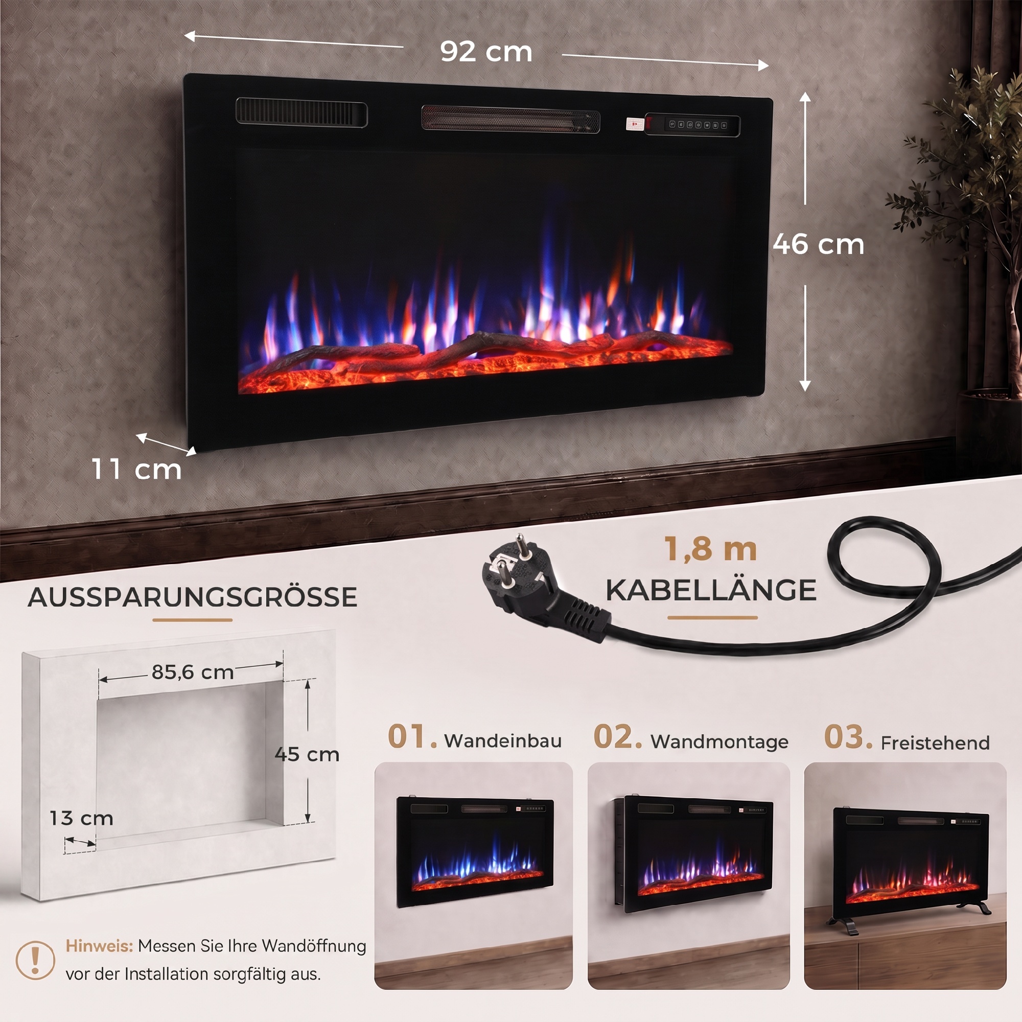 Elektrinis židinys su 3D LED liepsna ir 3 montavimo būdais, juodas, 92 × 11 × 46 cm 2