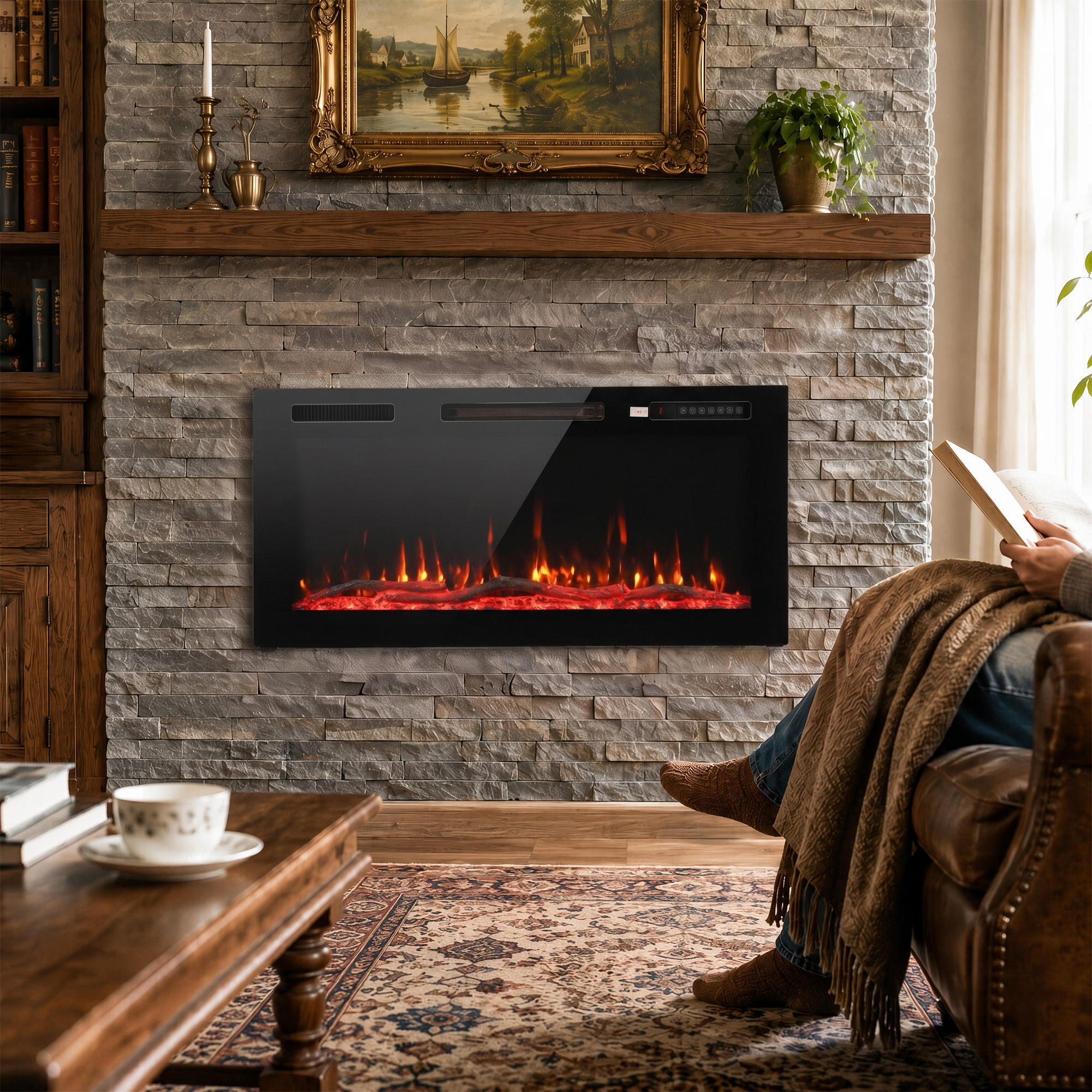 Elektrinis židinys su 3D LED liepsna ir 3 montavimo būdais, juodas, 92 × 11 × 46 cm
