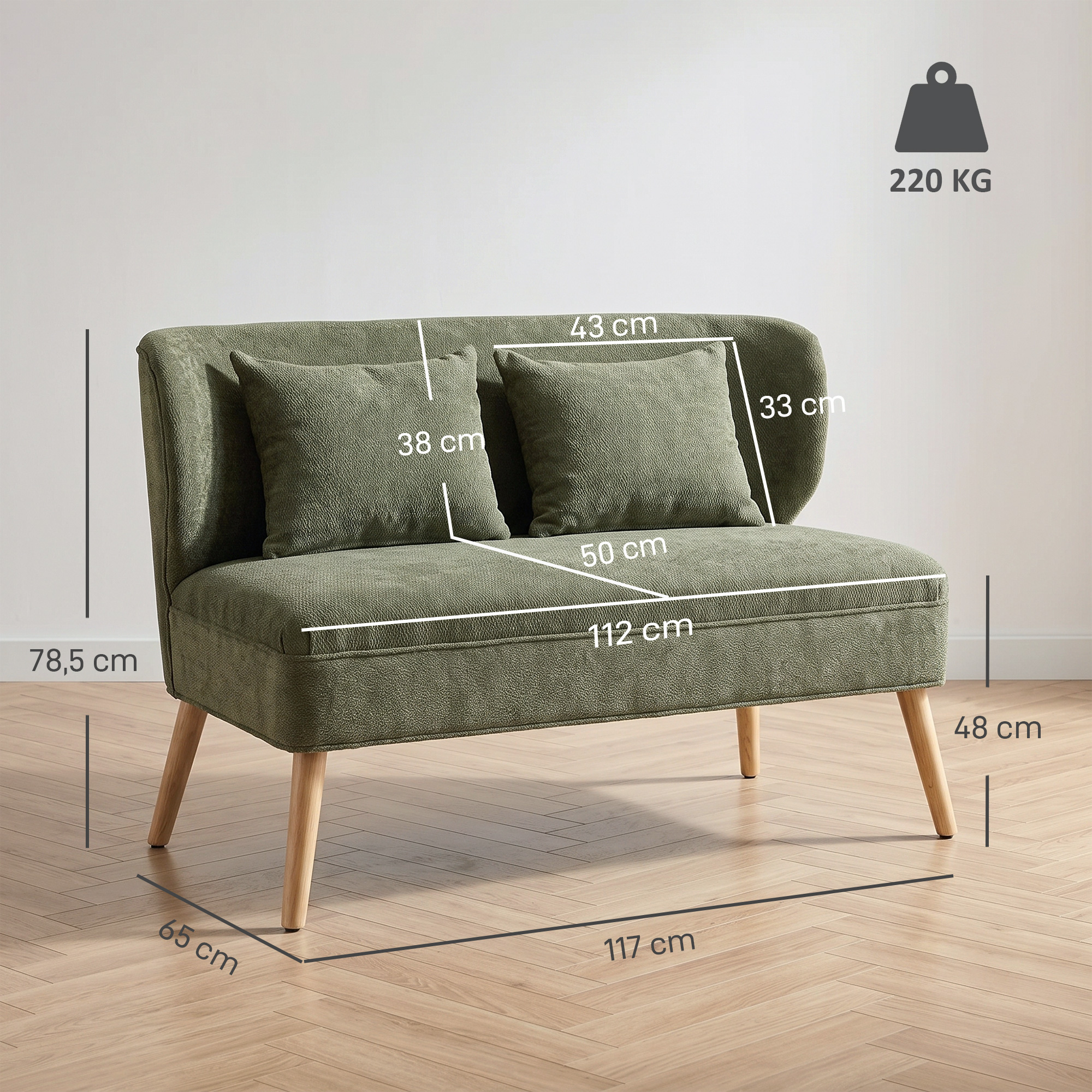 Dvivietė sofa su apmušalu, tamsiai žalia, 117 × 65 × 78,5 cm 2
