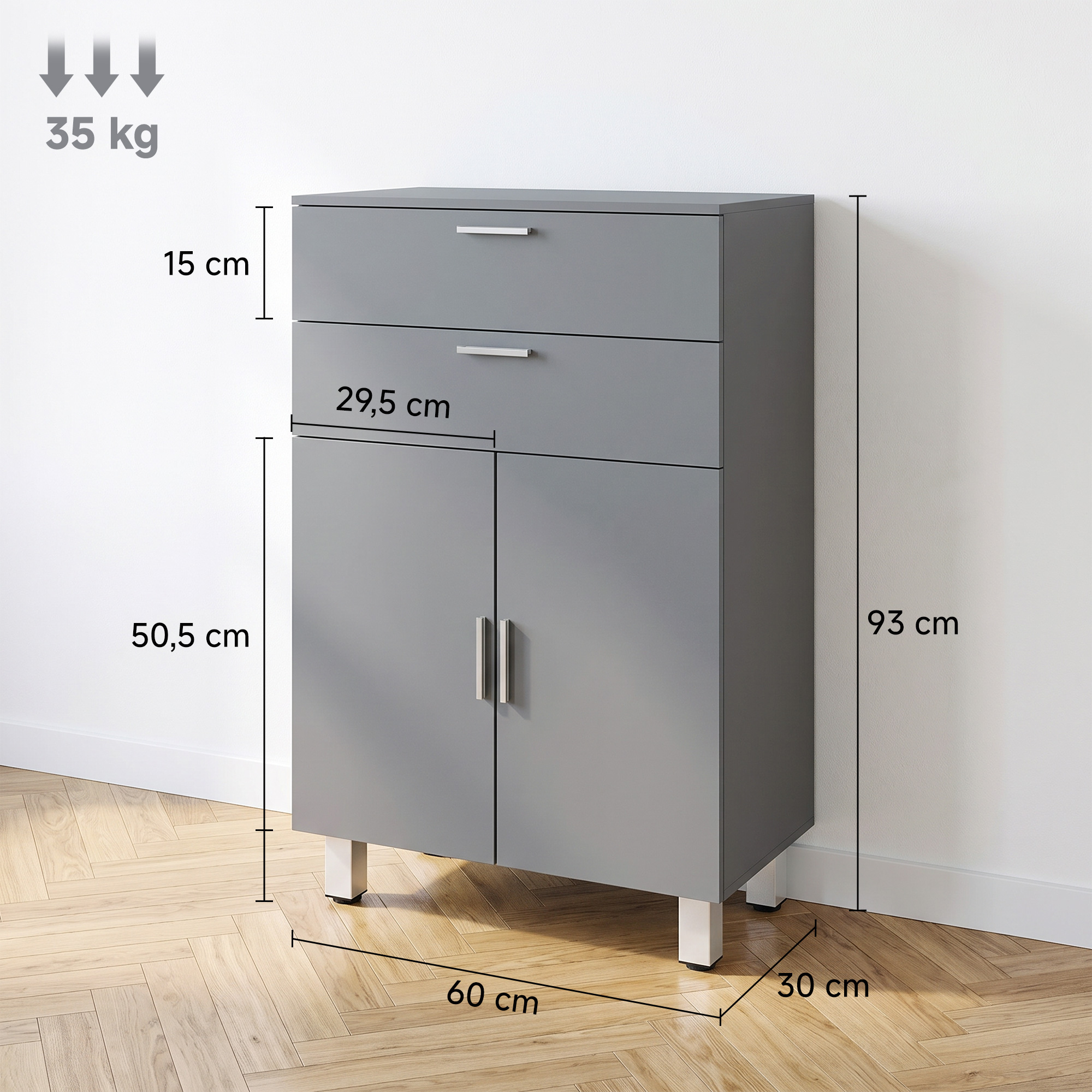 Vannas istabas skapītis ar 2 atvilktnēm un regulējamu plauktu, spīdīgi pelēks, 60 × 30 × 93 cm 2