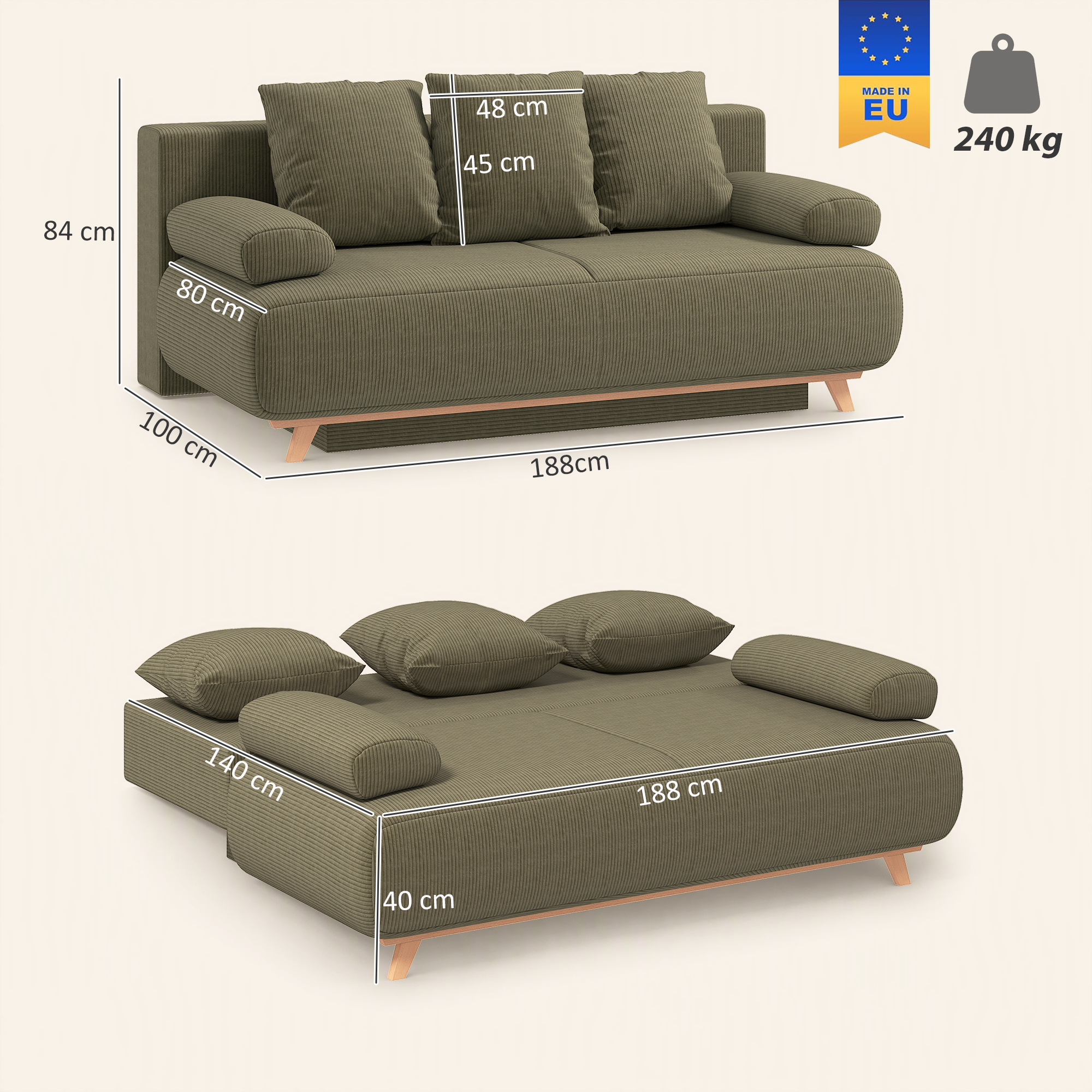 Trivietė sofa-lova, tamsiai žalia, 188cm 2
