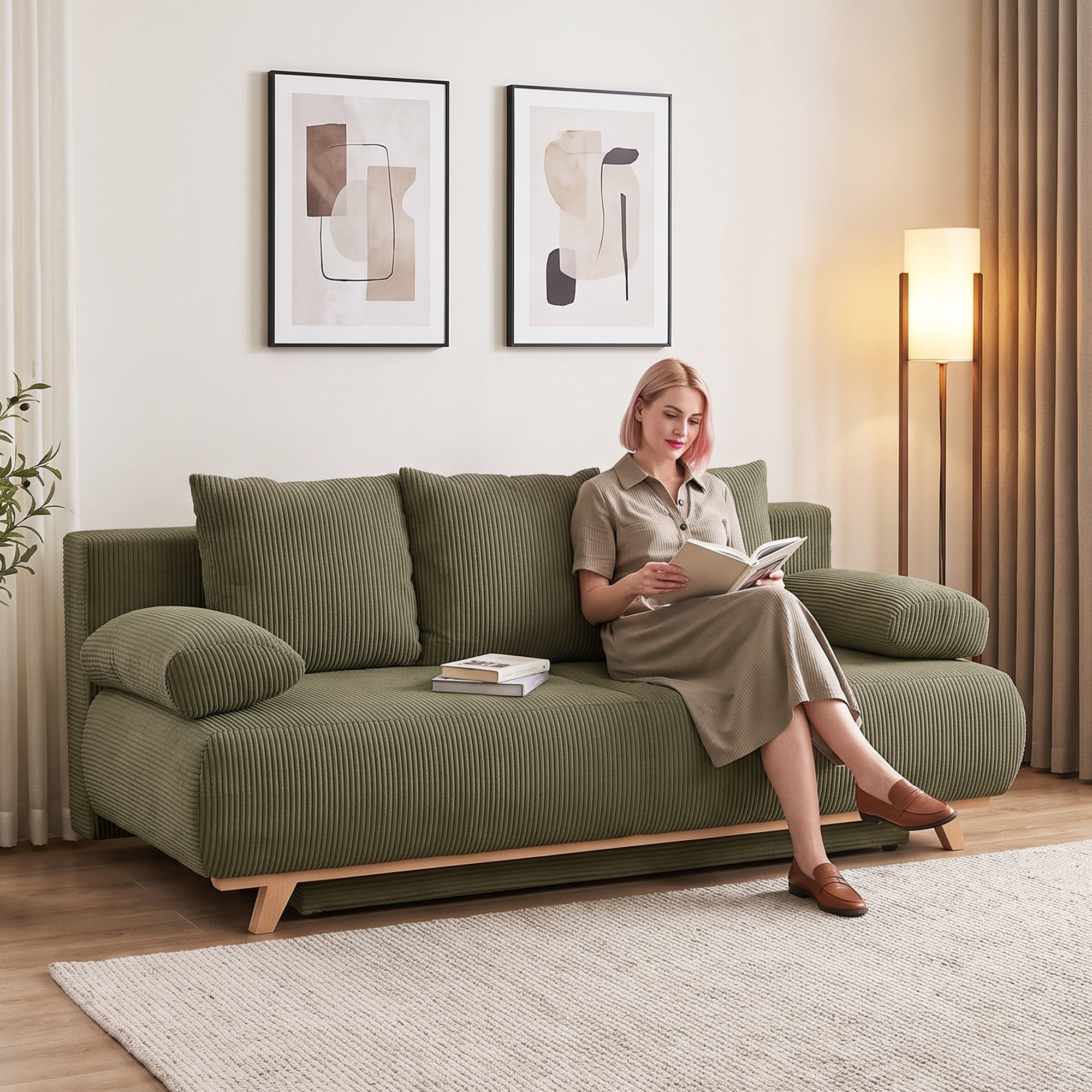 Trivietė sofa-lova, tamsiai žalia, 188cm