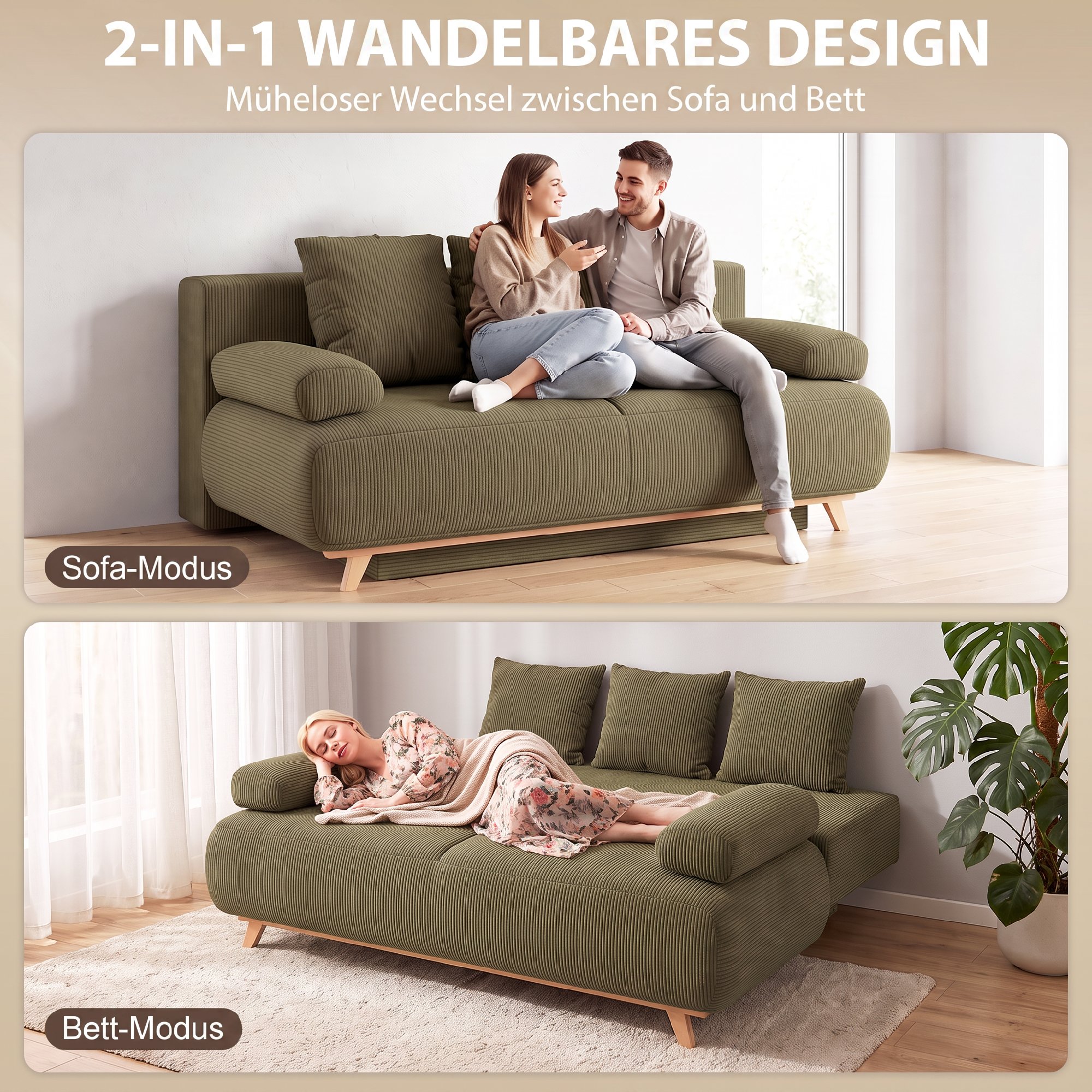 Trivietė sofa-lova, tamsiai žalia, 188cm 3