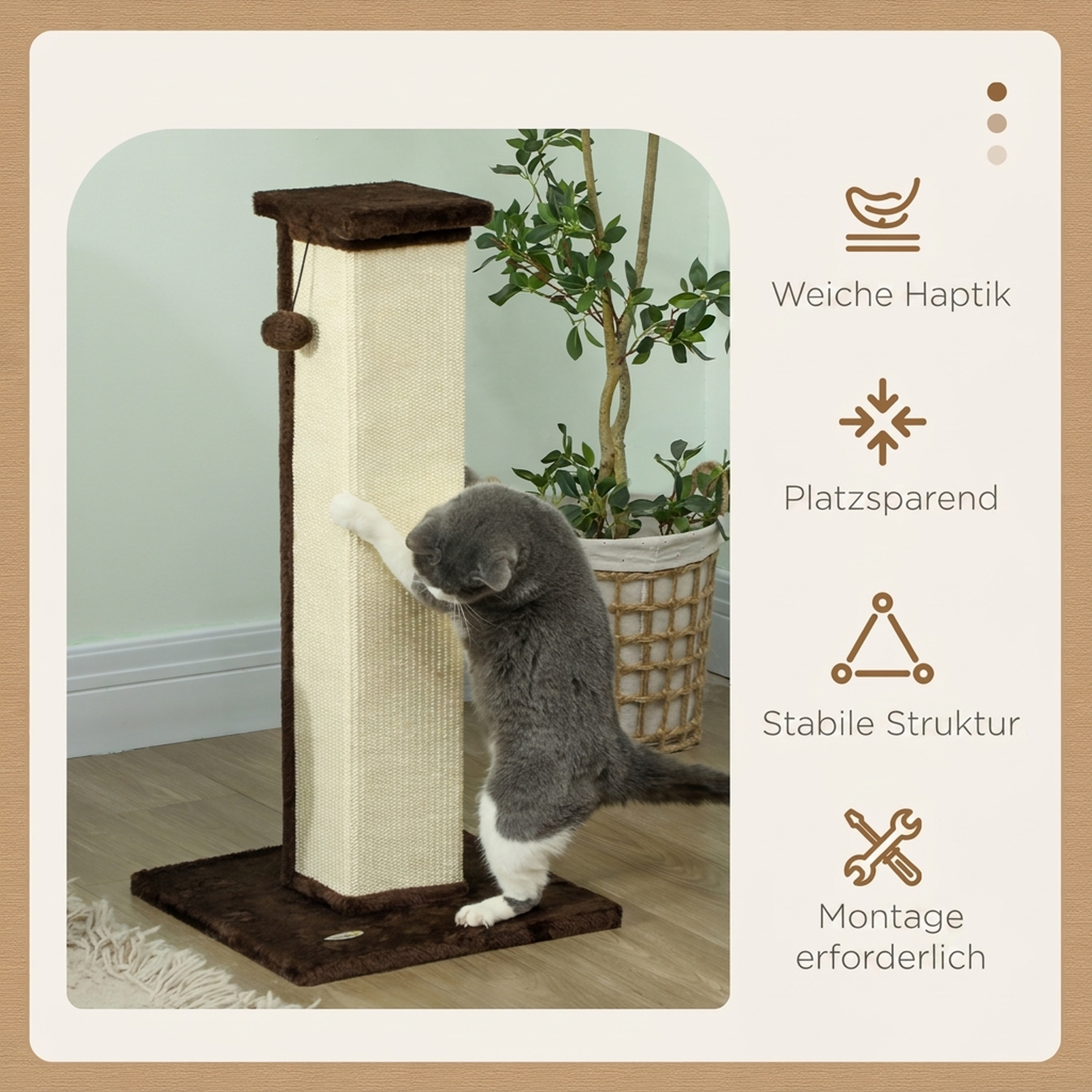 Kaķu skrāpētājs ar rotaļu bumbiņu un sizālu, krēmkrāsains un brūns, 81 cm 3