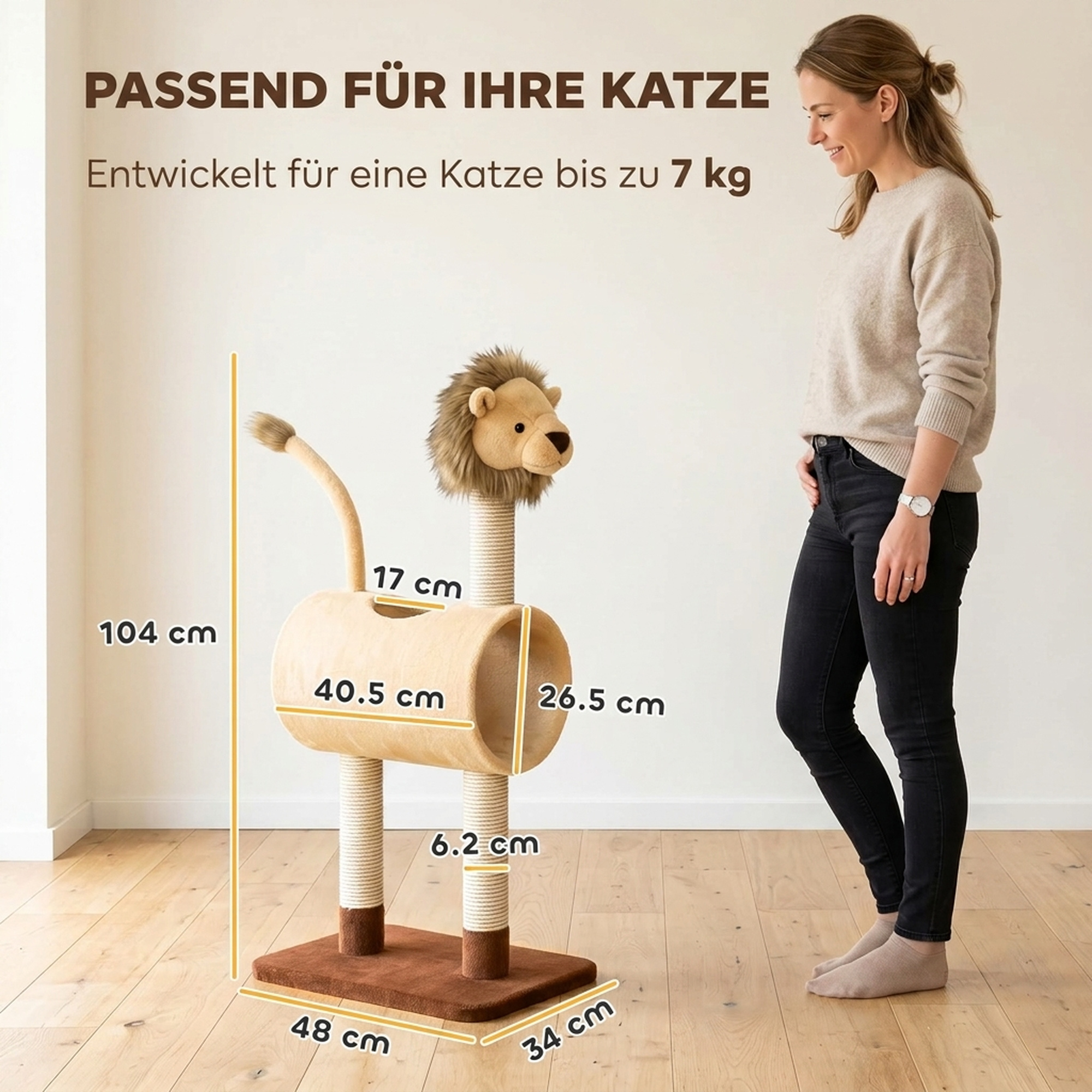Kaķu skrāpētājs ar tuneli un 3 džutas stabiem, gaiši brūns, tumši brūns un balts, 104 cm 2