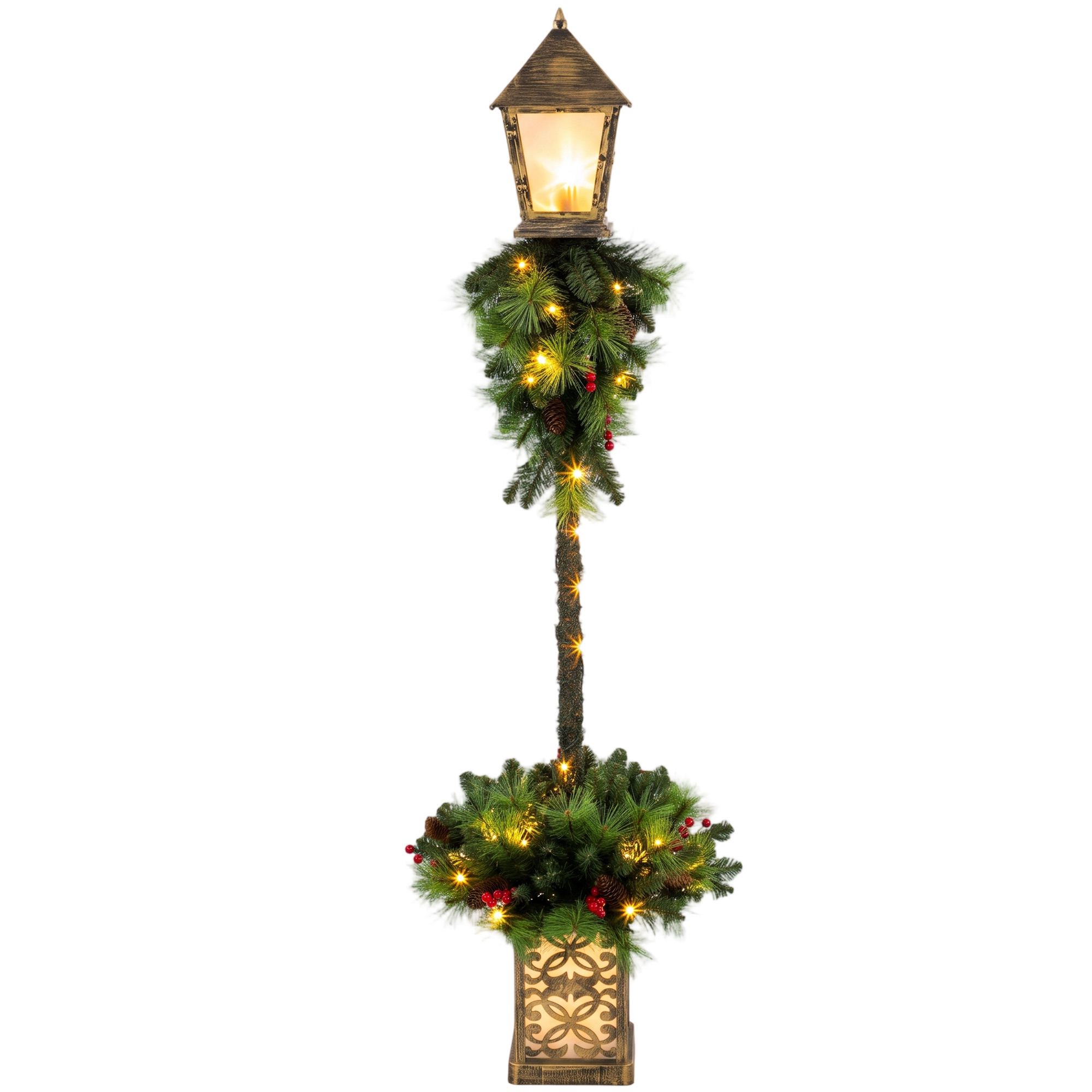 Kalėdinis žibinto stulpas su 50 šiltai baltų LED ir 159 PVC šakelių galiukais, žalias ir juodas, 43 × 43 × 150 cm
