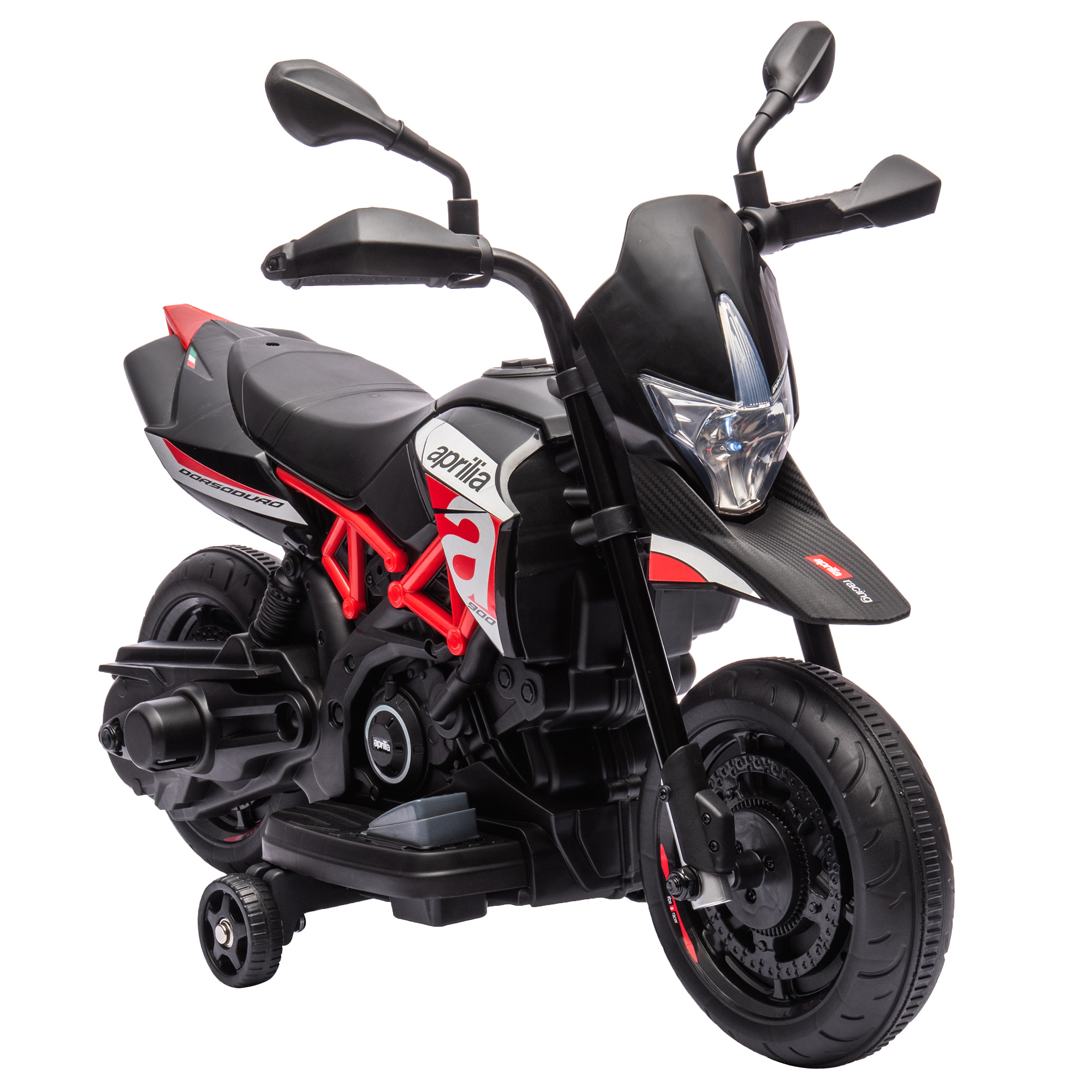 Vaikiškas elektrinis motociklas APRILIA DORSODURO 900, raudonas ir juodas, 81 × 43 × 57 cm