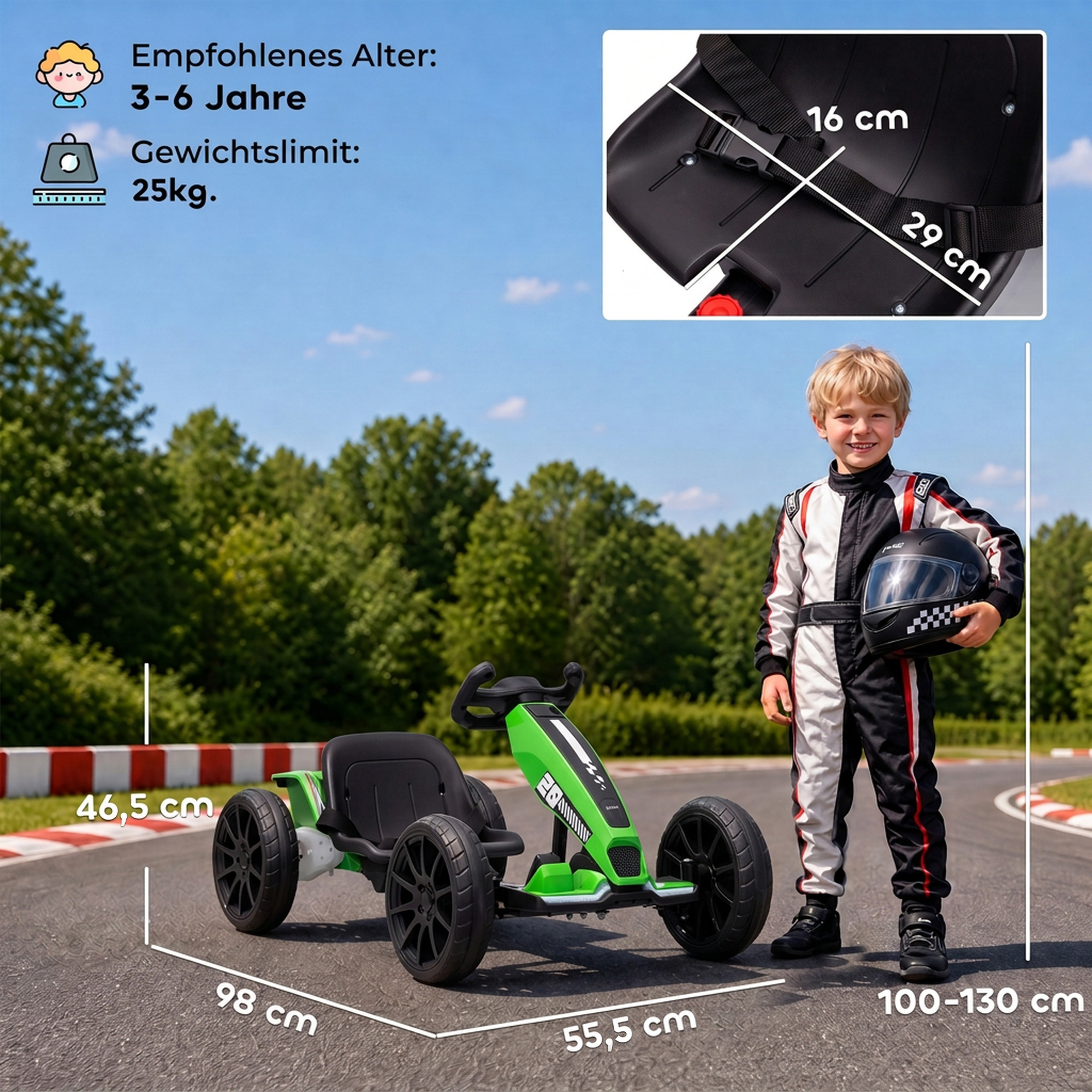 Elektrinis kartingas vaikams su reguliuojamu ilgiu ir dviem varikliais, žalias ir juodas, 98 × 55,5 × 46,5 cm 2