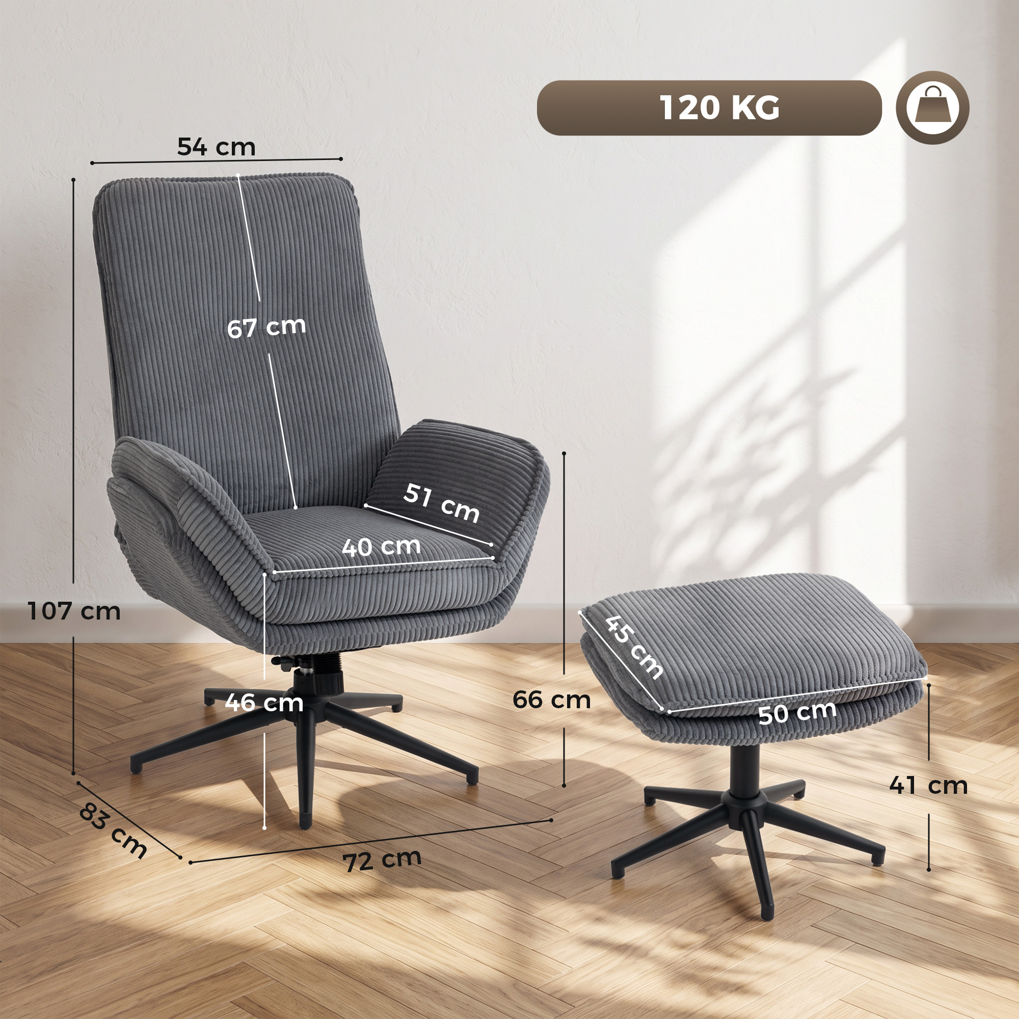 Fotelis su kojų atrama, atlošiamas iki 130°, besisukantis 360°, pilkas, 72 × 83 × 107 cm 2