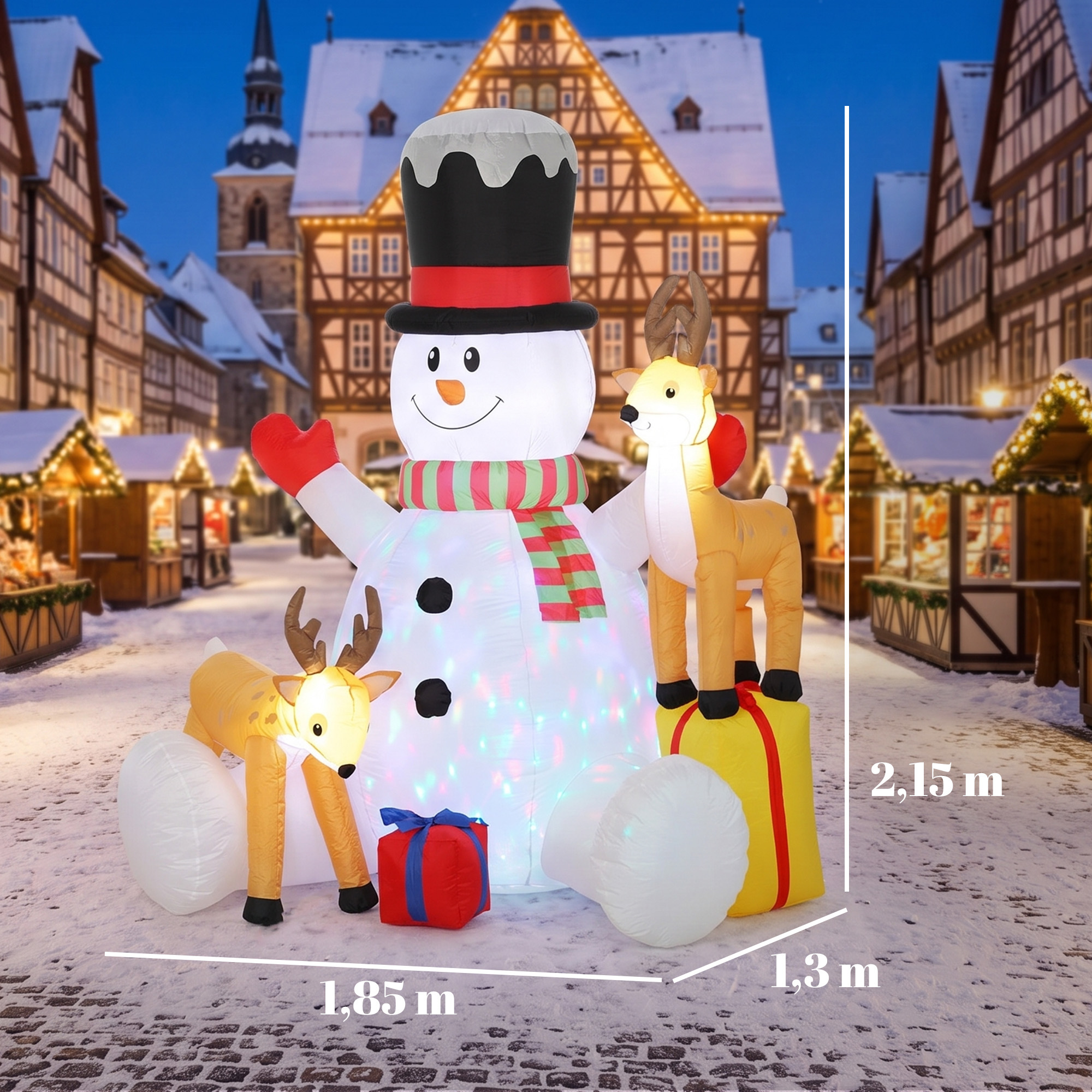 Piepūšamā Ziemassvētku dekorācija ar sniega vecīti un 2 ziemeļbriežiem, LED apgaismojums, balta, brūna, melna un sarkana, 180 × 135 × 215 cm 2