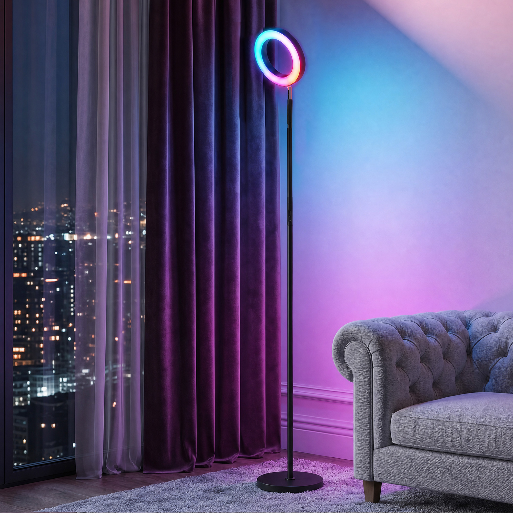 Brīvi stāvošs LED gaismeklis ar RGB un regulējamu baltu gaismu, melns/balts, 25 × 25 × 172 cm