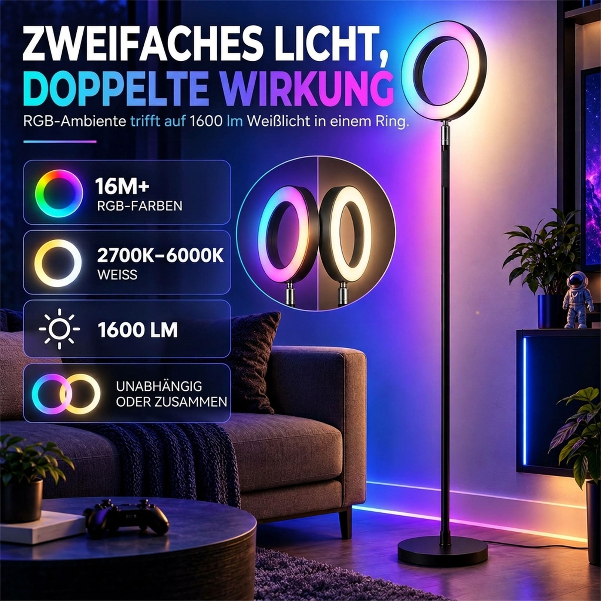 Brīvi stāvošs LED gaismeklis ar RGB un regulējamu baltu gaismu, melns/balts, 25 × 25 × 172 cm 3