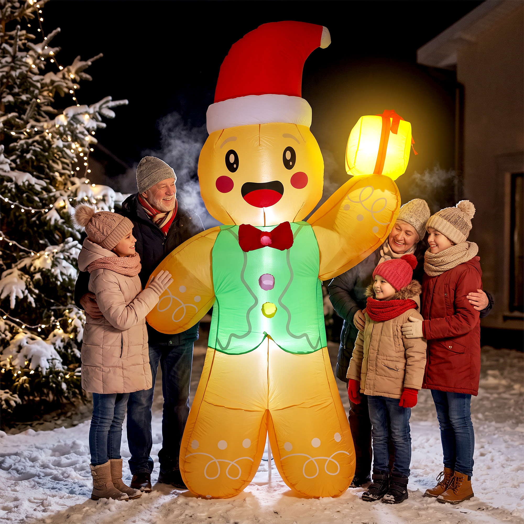 Uzpūšamā Ziemassvētku dekorācija – piparkūku cilvēciņš ar dāvanu kastīti, krāsaina, 135 × 60 × 250 cm