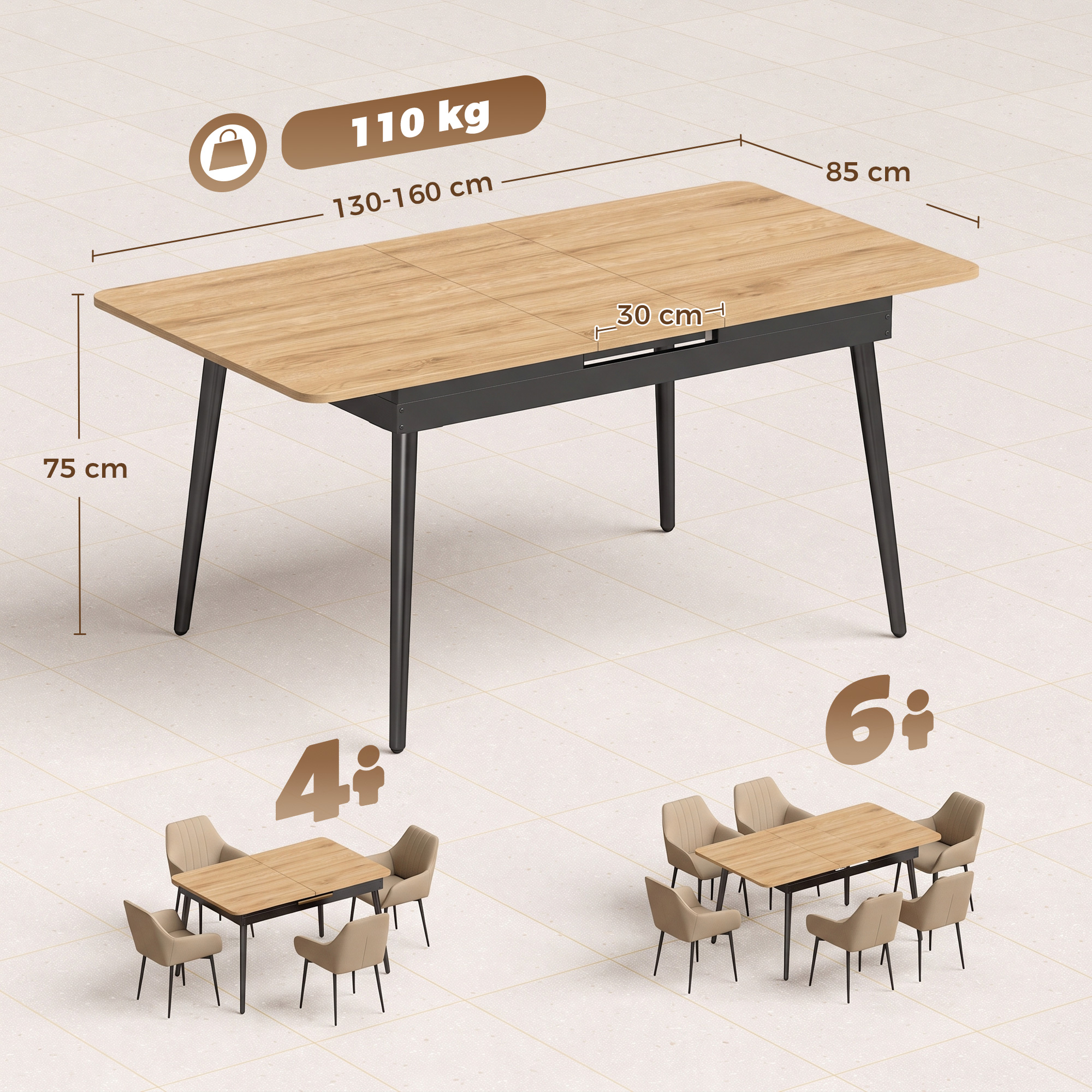Izvelkams ēdamgalds 4–6 vietām ar noapaļotiem stūriem, ozola un melnā krāsā, 130–160 x 85 x 75 cm 2