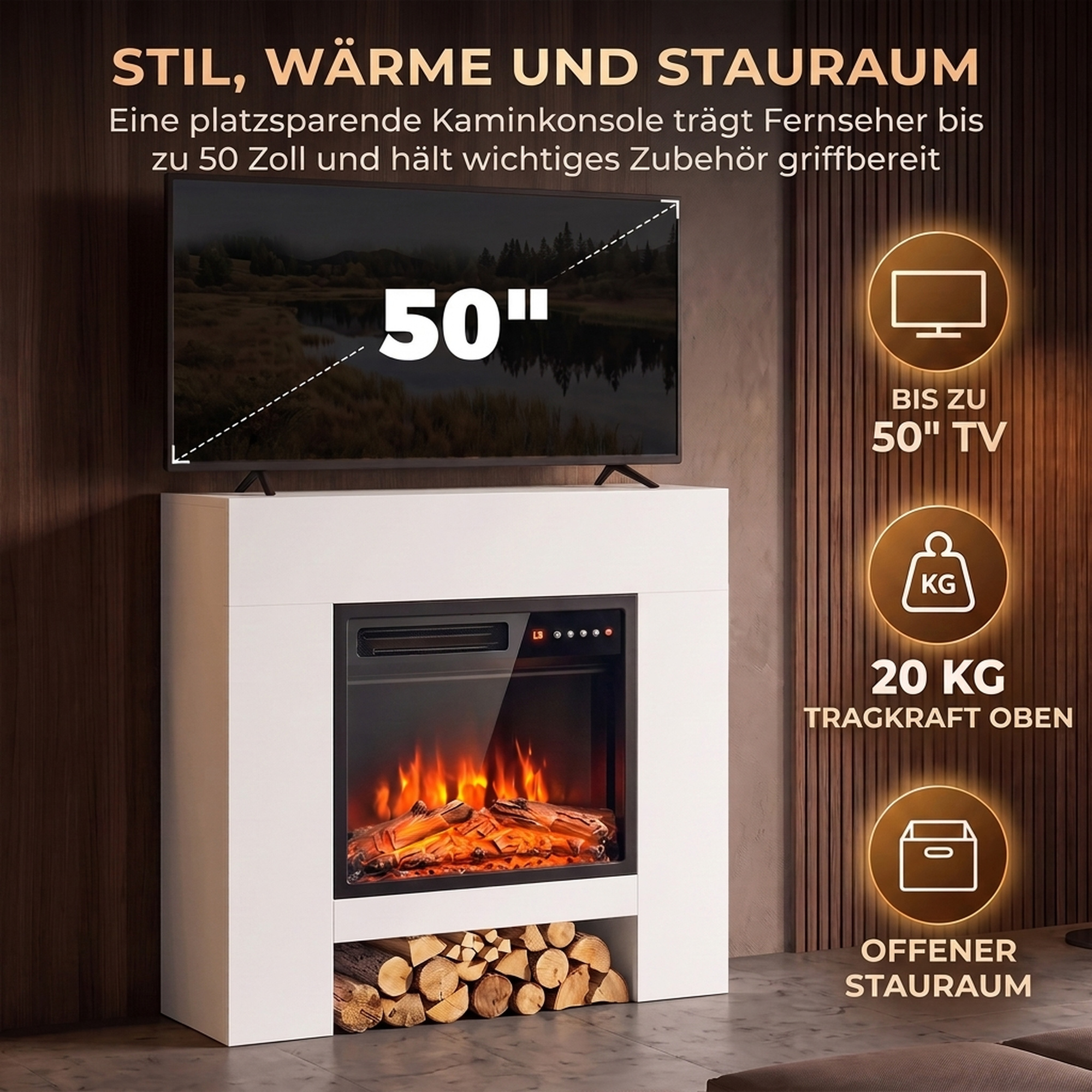 Elektrinis židinys su TV stovu ir 3D liepsnomis, baltas, 75 × 25 × 85 cm 3