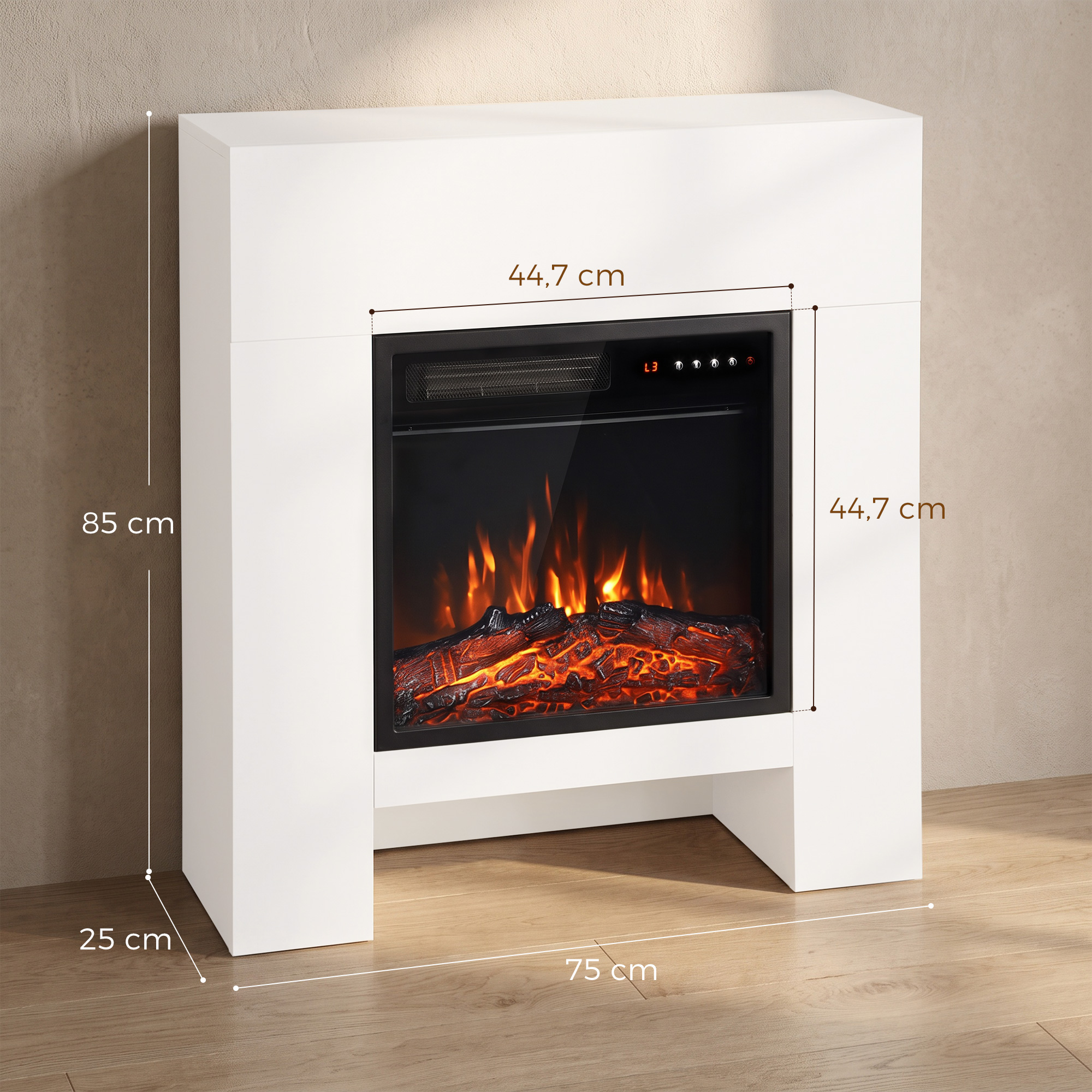 Elektrinis židinys su TV stovu ir 3D liepsnomis, baltas, 75 × 25 × 85 cm 2