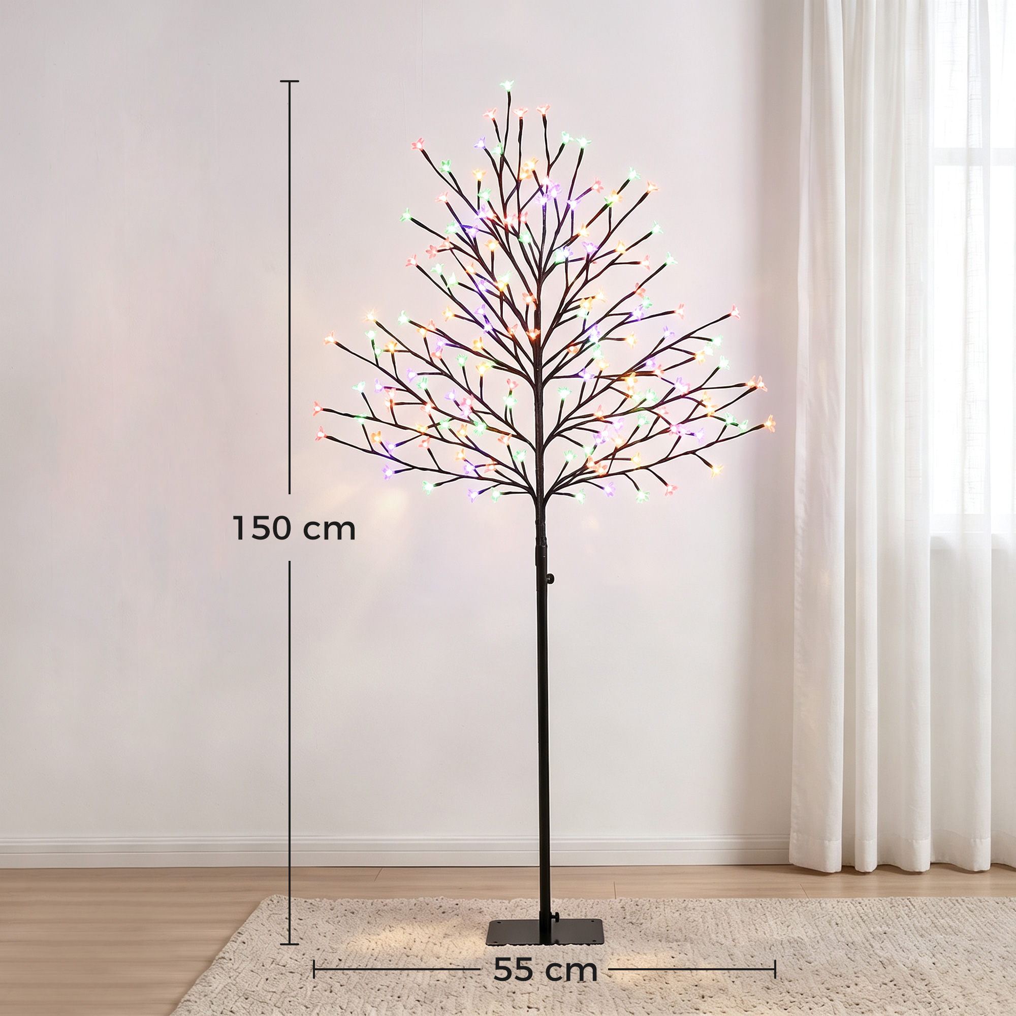 LED vyšnių žiedų medis su 160 LED ir 11 šviesos režimų, juodas ir skaidrus, 55 × 55 × 150 cm 2