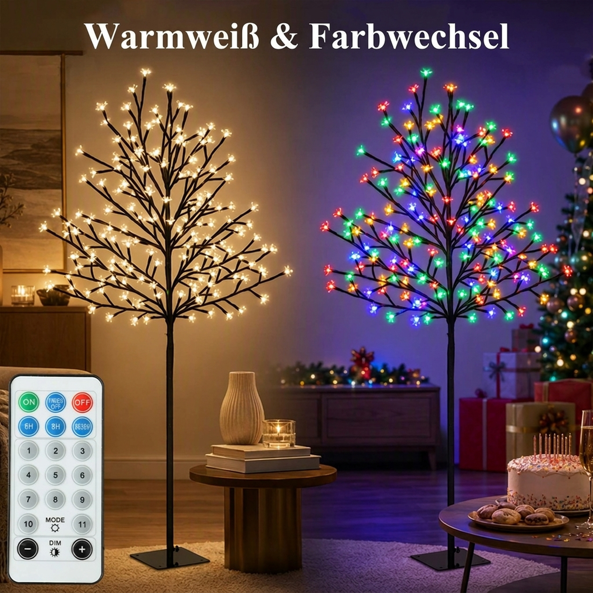 LED vyšnių žiedų medis su 160 LED ir 11 šviesos režimų, juodas ir skaidrus, 55 × 55 × 150 cm 3