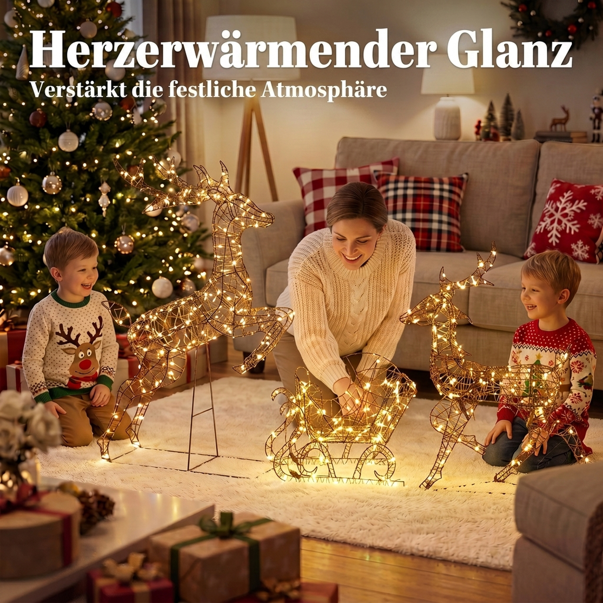 Ziemassvētku briežu un ragavu komplekts ar 240 LED un 8 apgaismojuma režīmiem, brūns, 78 × 22 × 105 cm / 68 × 17 × 90 cm / 46 × 28 × 48 cm, 3 daļas 3