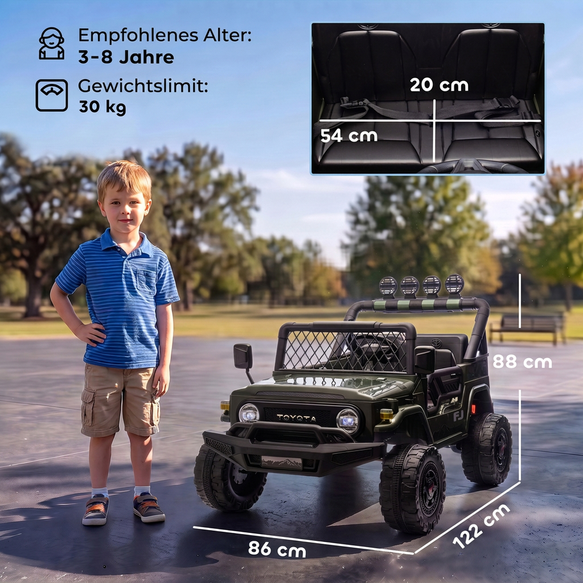 Vaikiškas elektromobilis „Toyota FJ“ su nuotoliniu valdymu, tamsiai žalias ir juodas, 122 × 86 × 88 cm 2