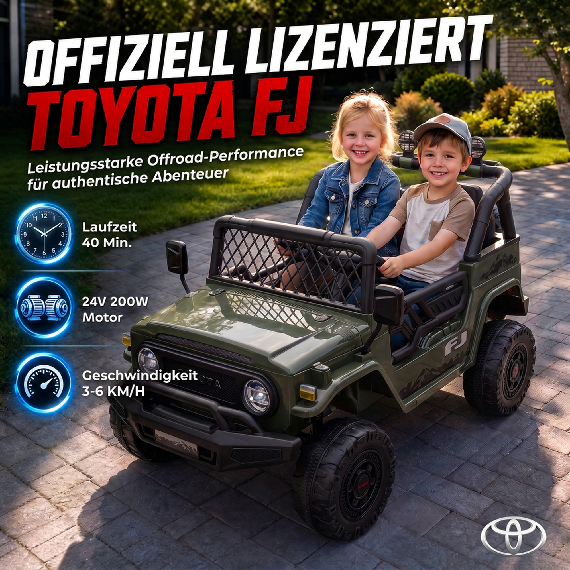 Vaikiškas elektromobilis „Toyota FJ“ su nuotoliniu valdymu, tamsiai žalias ir juodas, 122 × 86 × 88 cm 3