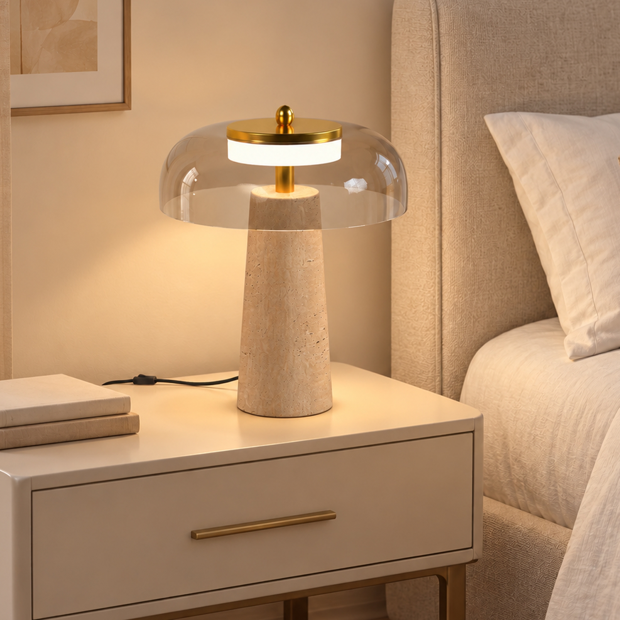 Stalinė LED lempa su travertino pagrindu, gintarinė, 23 × 23 × 31 cm