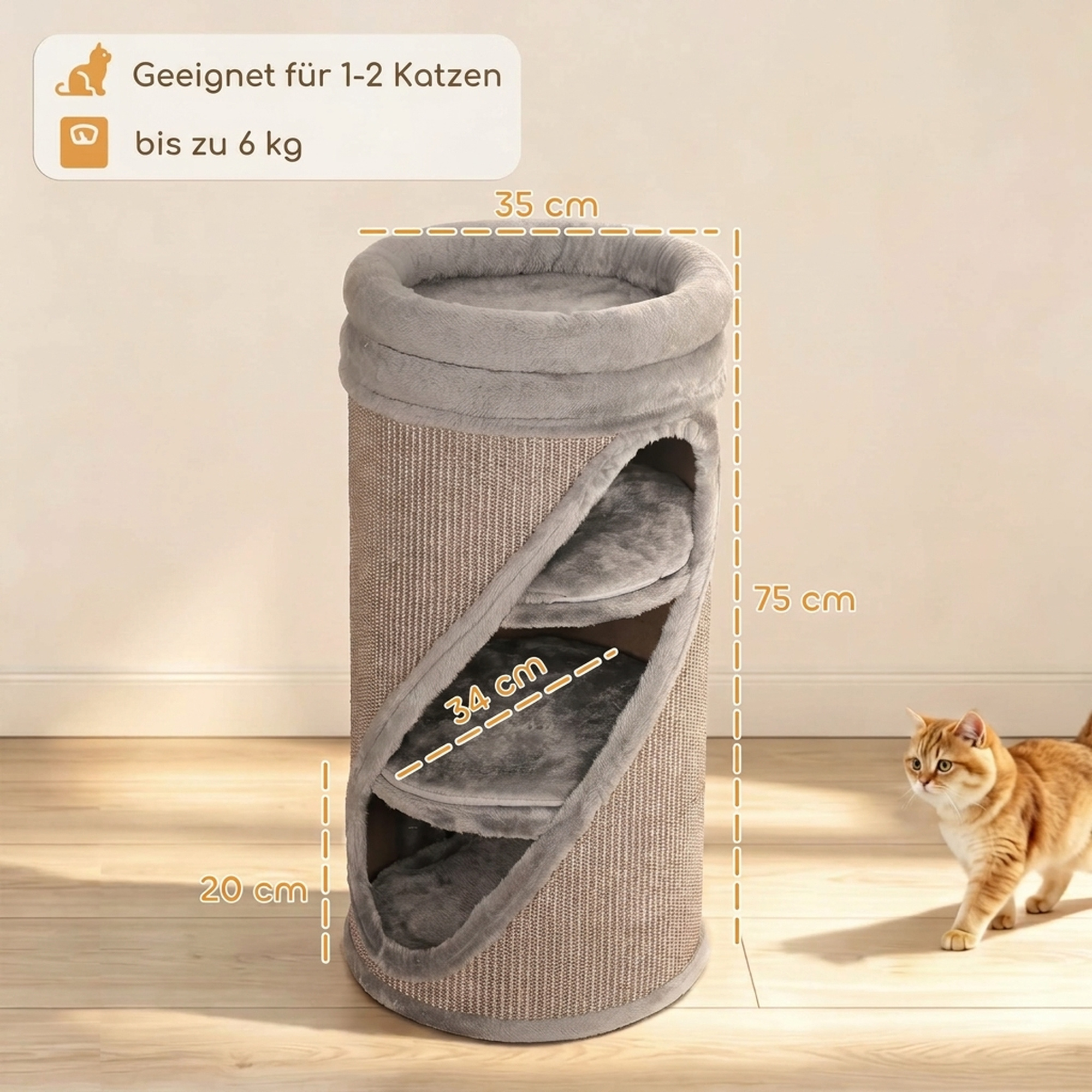 Kaķu skrāpējamais tornis, 4 stāvu, ar mazgājamu guļvietu, pelēks, 75 cm 2