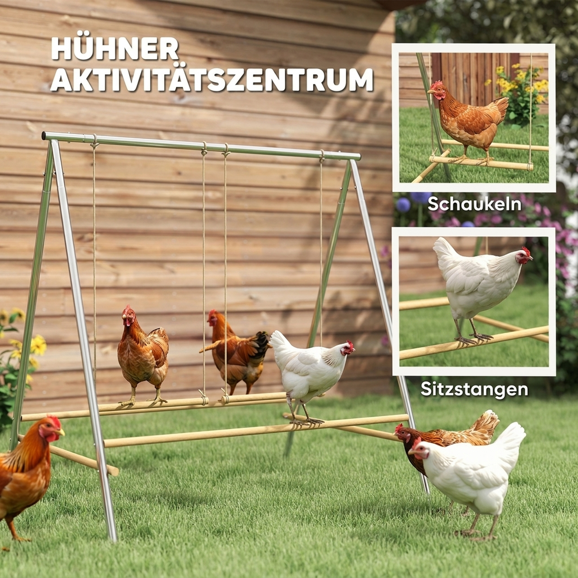 Vištų žaidimų konstrukcija su 2 reguliuojamomis sūpynėmis, sidabro ir natūralios medienos, 102 × 87 × 110 cm 3