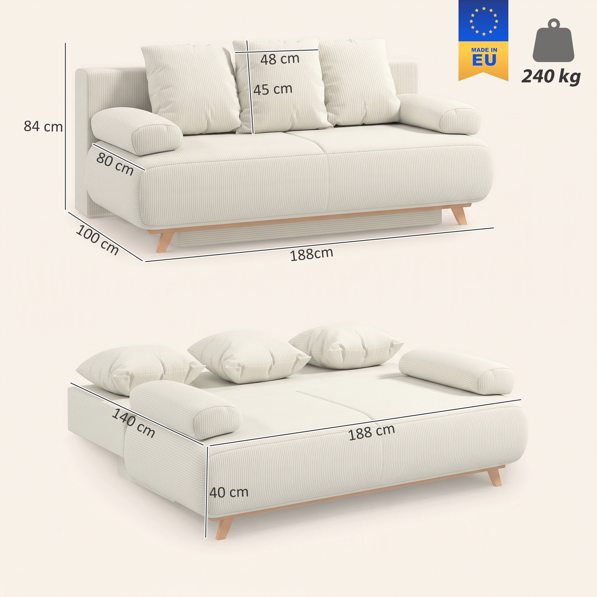 Sofa-lova su patalynės dėže, smėlio spalvos, 188 × 100 × 84 cm 2