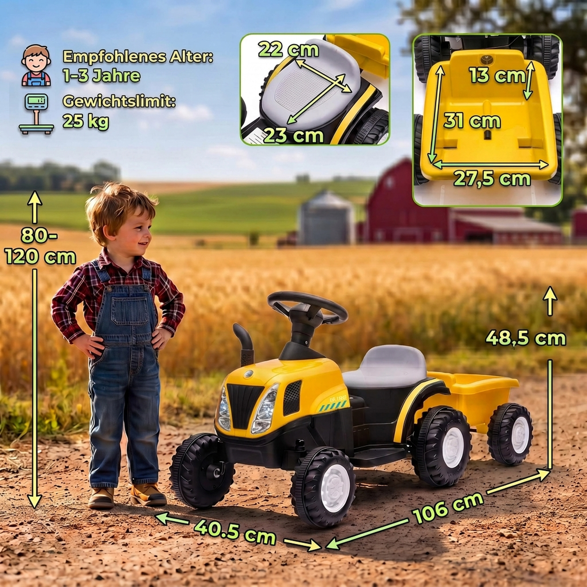 Bērnu elektriskais traktors ar noņemamu piekabi, dzeltens, 106 × 40,5 × 48,5 cm 2