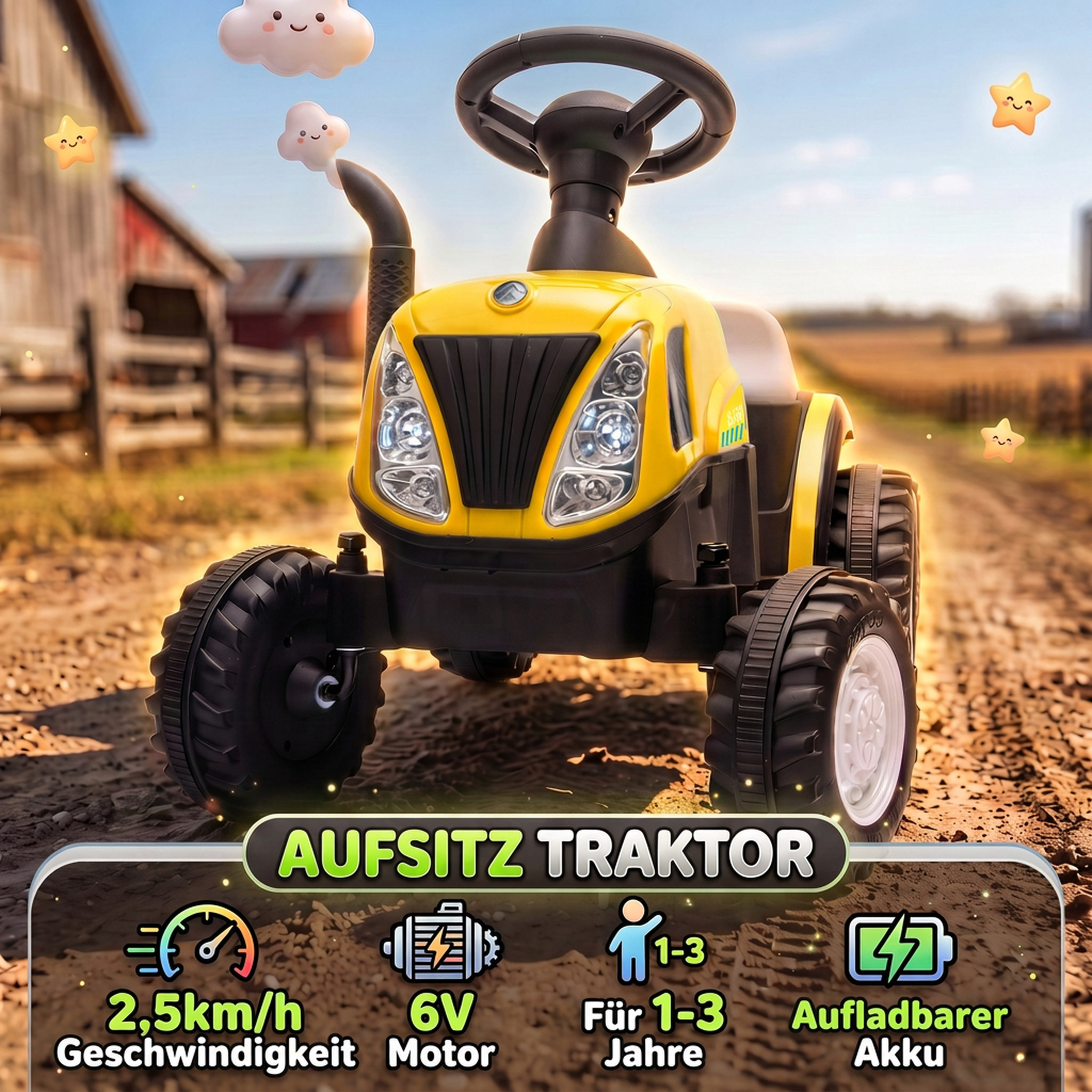 Bērnu elektriskais traktors ar noņemamu piekabi, dzeltens, 106 × 40,5 × 48,5 cm 3