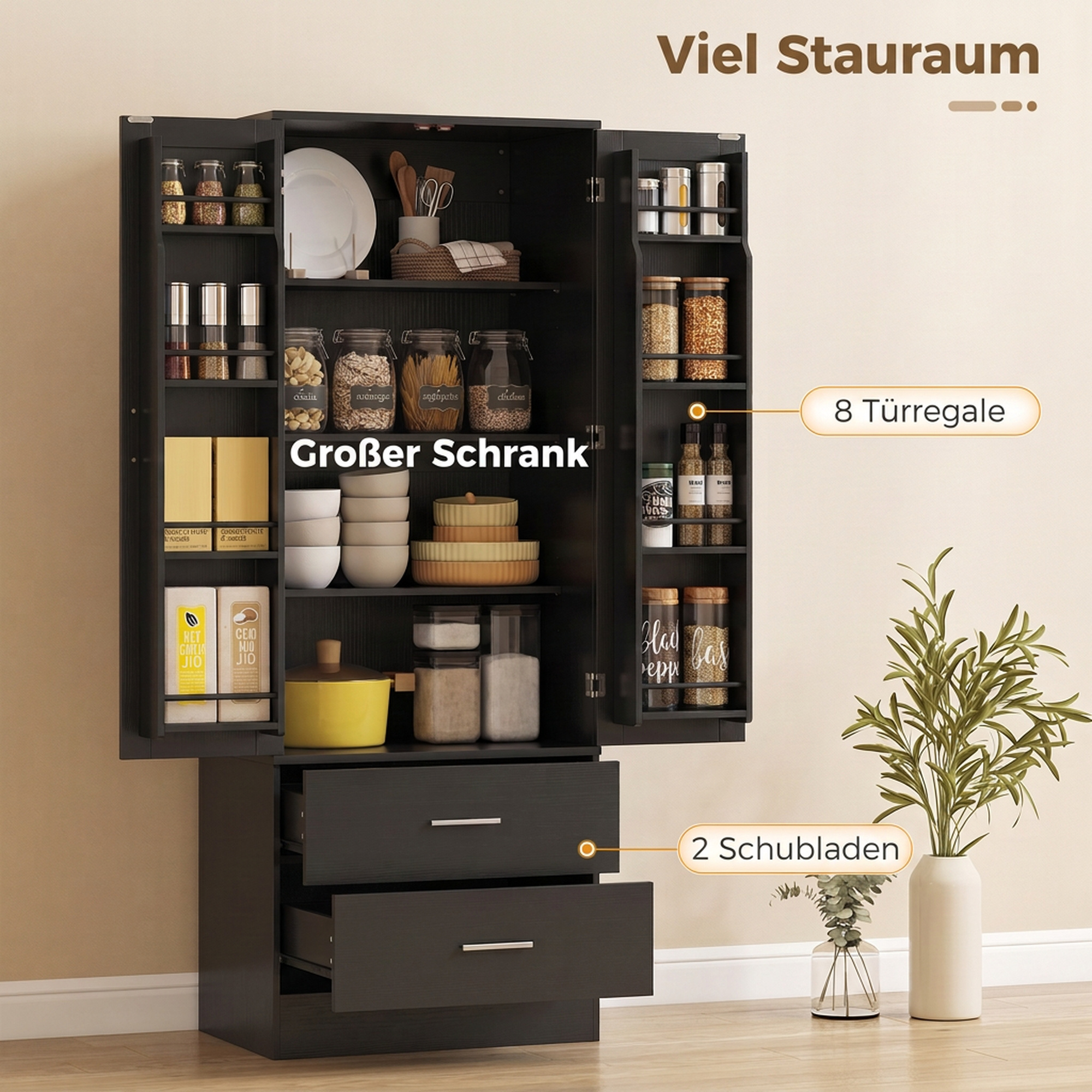 Virtuves skapis ar 8 durvju plauktiņiem un regulējamām plauktām, melns, 60 × 40 × 159 cm 3