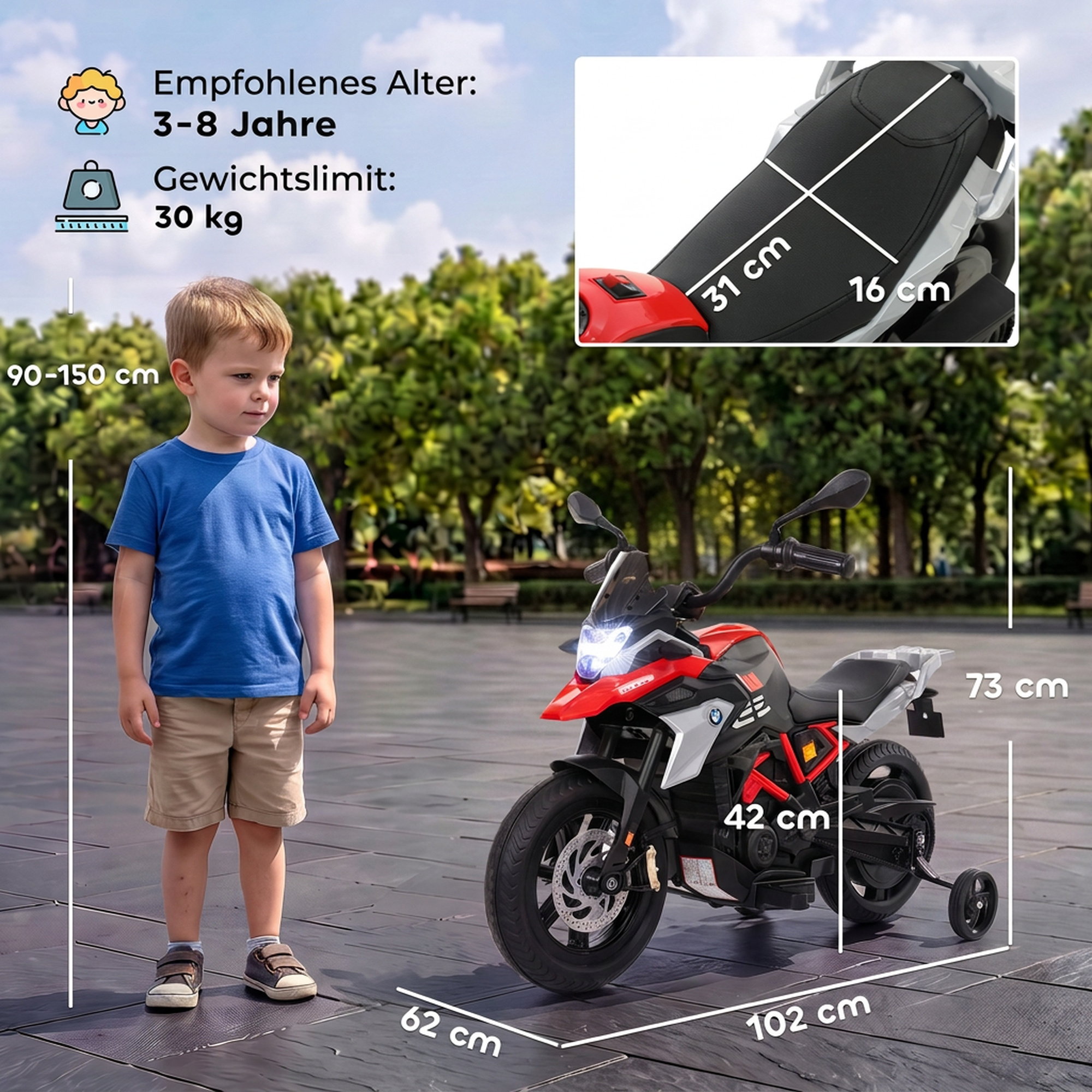 Vaikiškas elektrinis motociklas BMW G310 GS su ličio jonų akumuliatoriumi, raudonos ir juodos spalvos, 102 × 62 × 73 cm 2