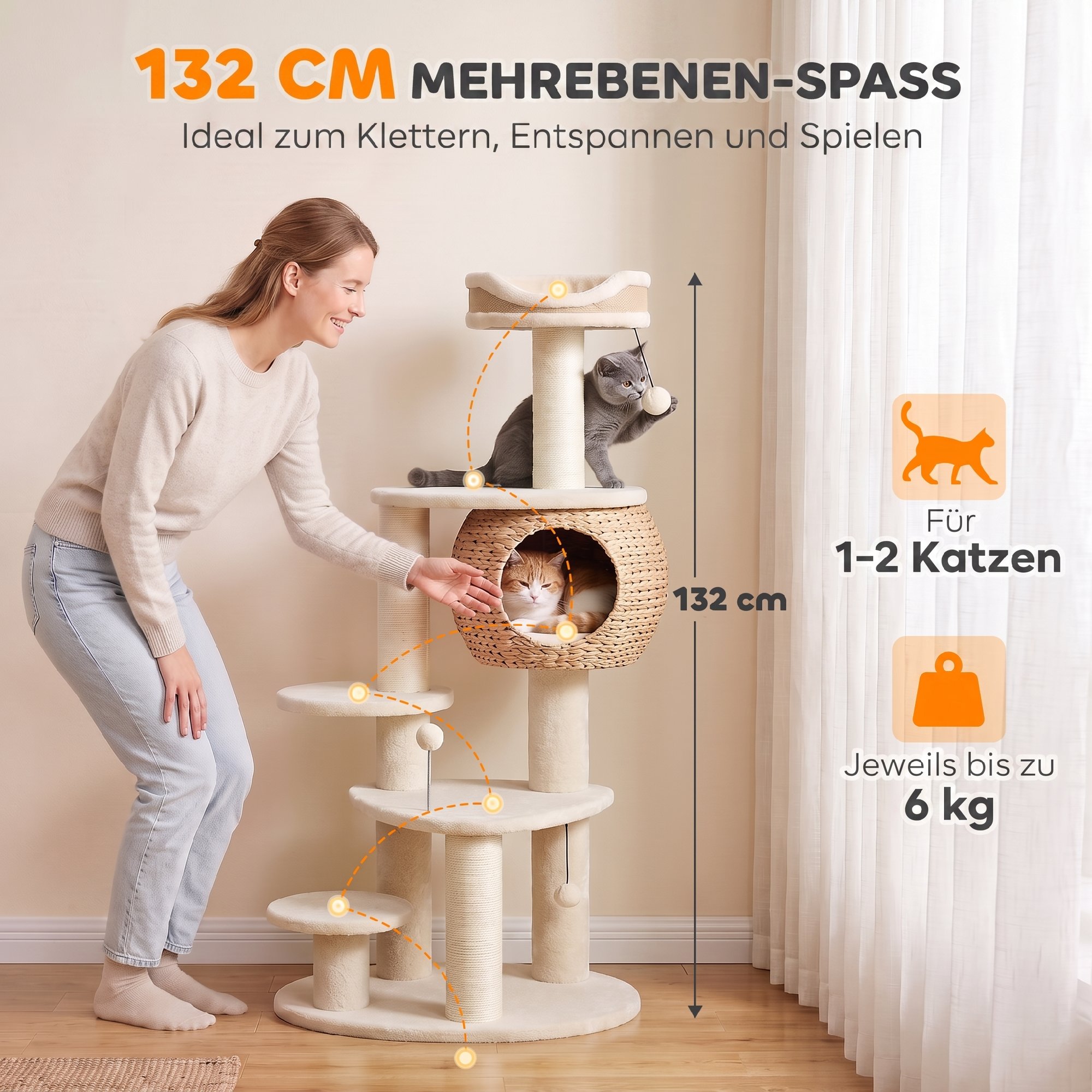 Kaķu skrāpējamais koks 4 līmeņu ar pītu jūraszāles alu, smilšu, gaiši brūnās un krēmīgi baltās krāsās, 132 cm 3