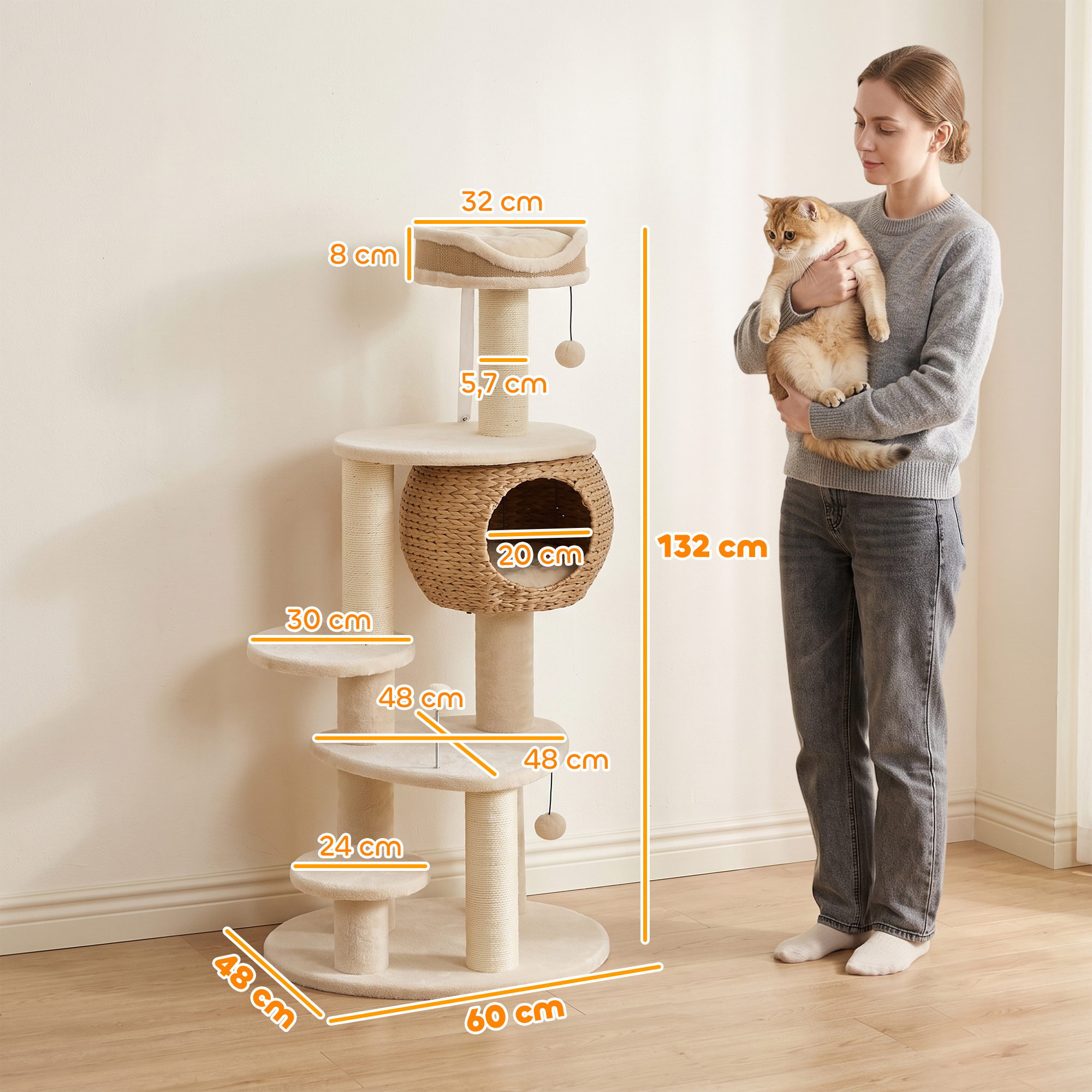 Kaķu skrāpējamais koks 4 līmeņu ar pītu jūraszāles alu, smilšu, gaiši brūnās un krēmīgi baltās krāsās, 132 cm 2