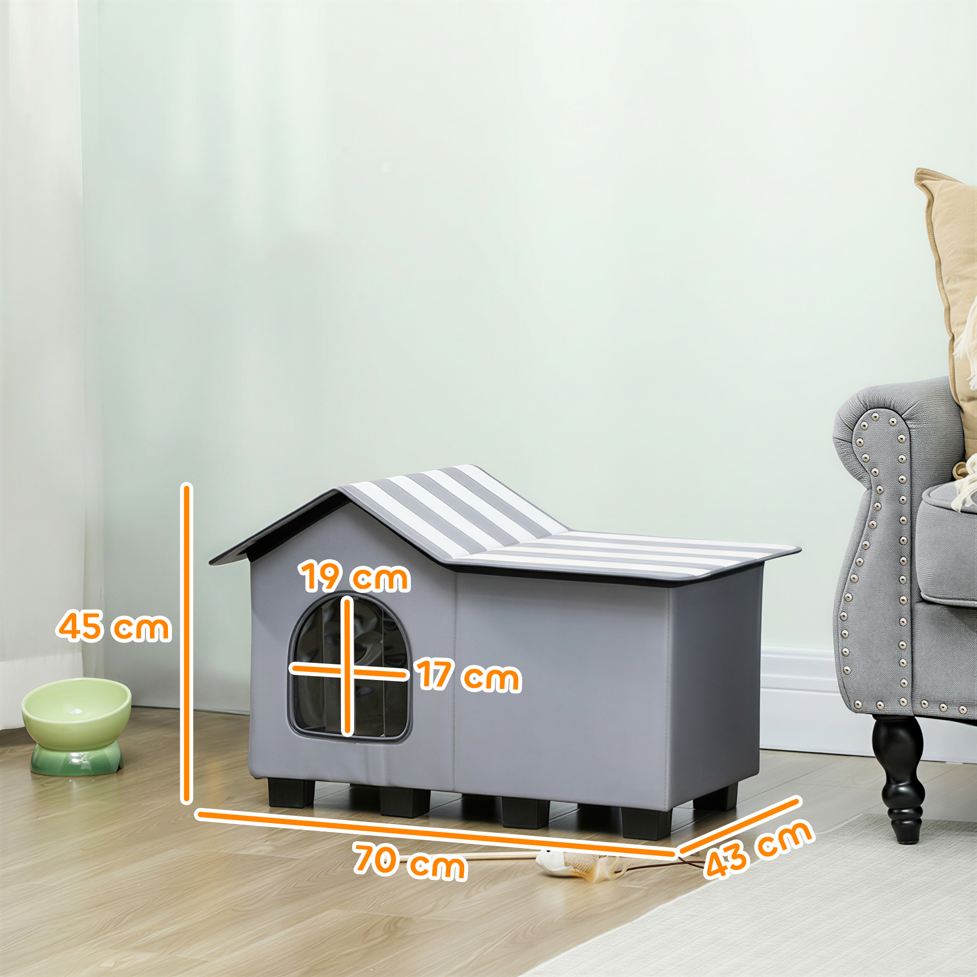 Kaķu mājiņa ar platformu un noņemamu jumtu, pelēka un balta, 70 × 43 × 45 cm 2