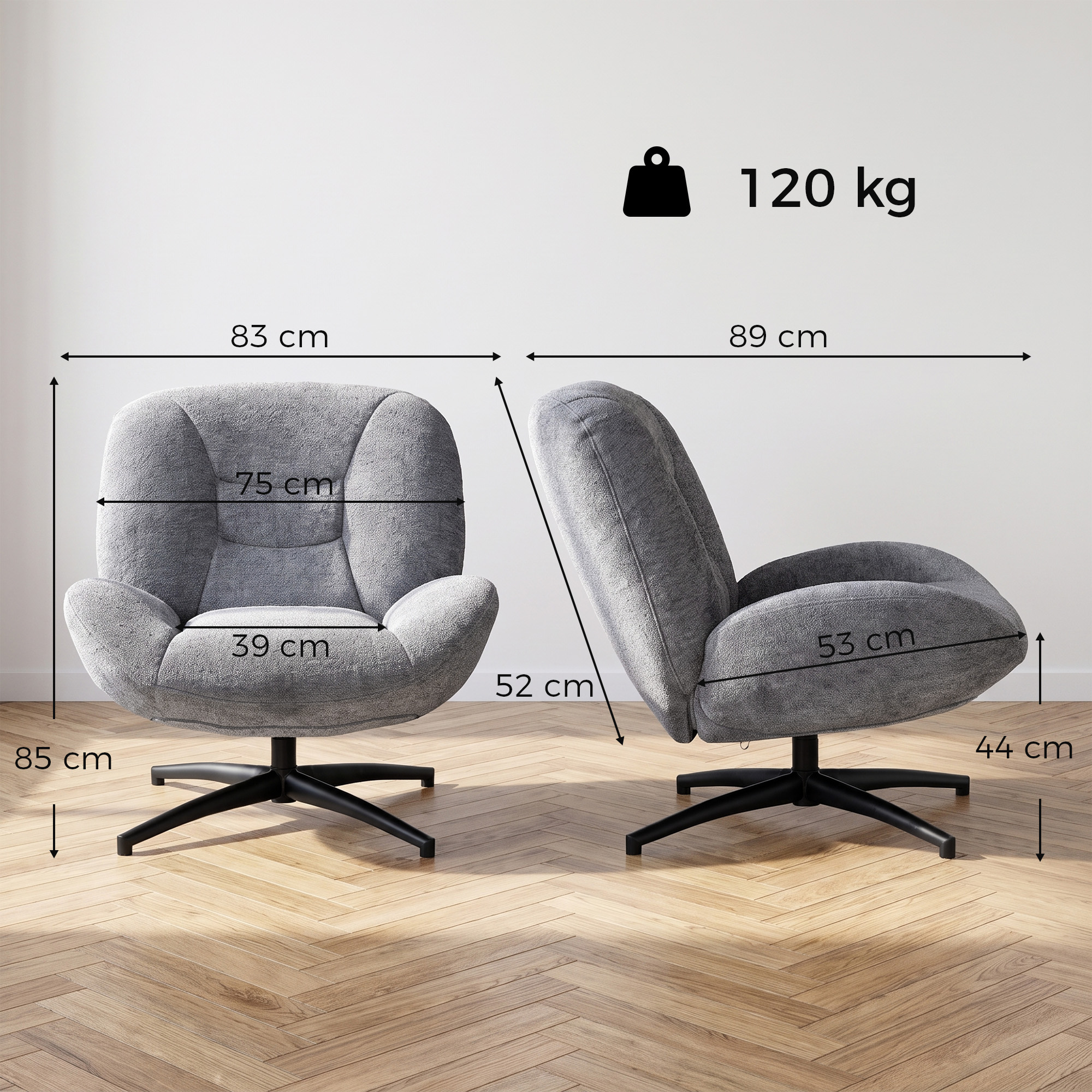Fotelis su 360° sukimu ir šenilės išvaizdos audiniu, tamsiai pilkas, 83 x 89 x 85 cm 2