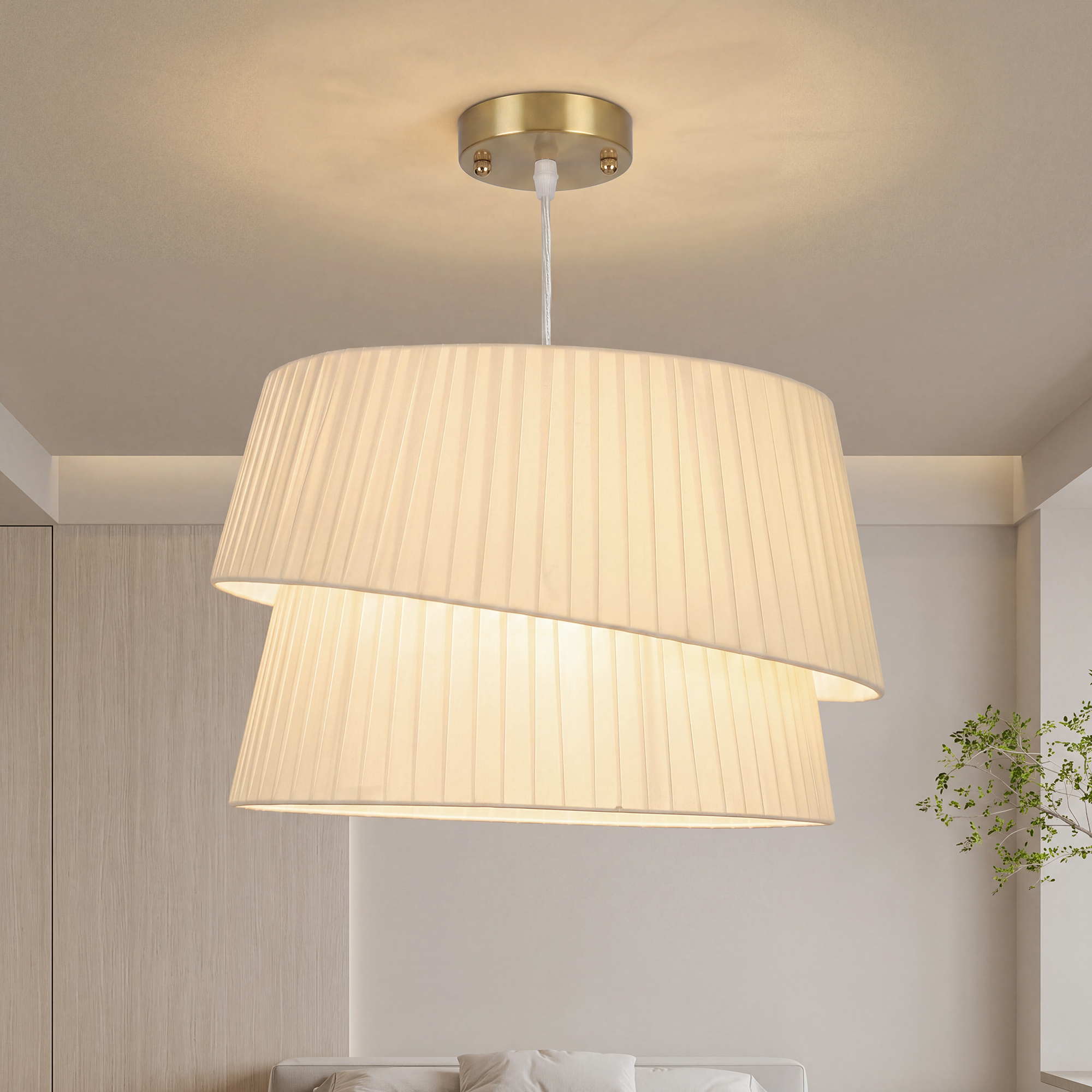 Pakaramais gaismeklis ar dubulto abažūru, regulējama augstuma, balts un zelta, 45 × 45 × 31 cm